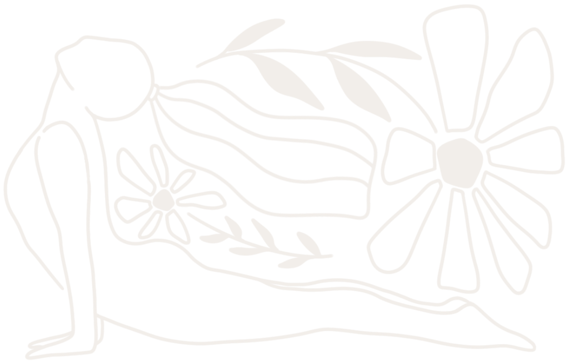 Black and white line drawing of a woman with long hair, with flowers and leaves around her, in a minimalistic style.
