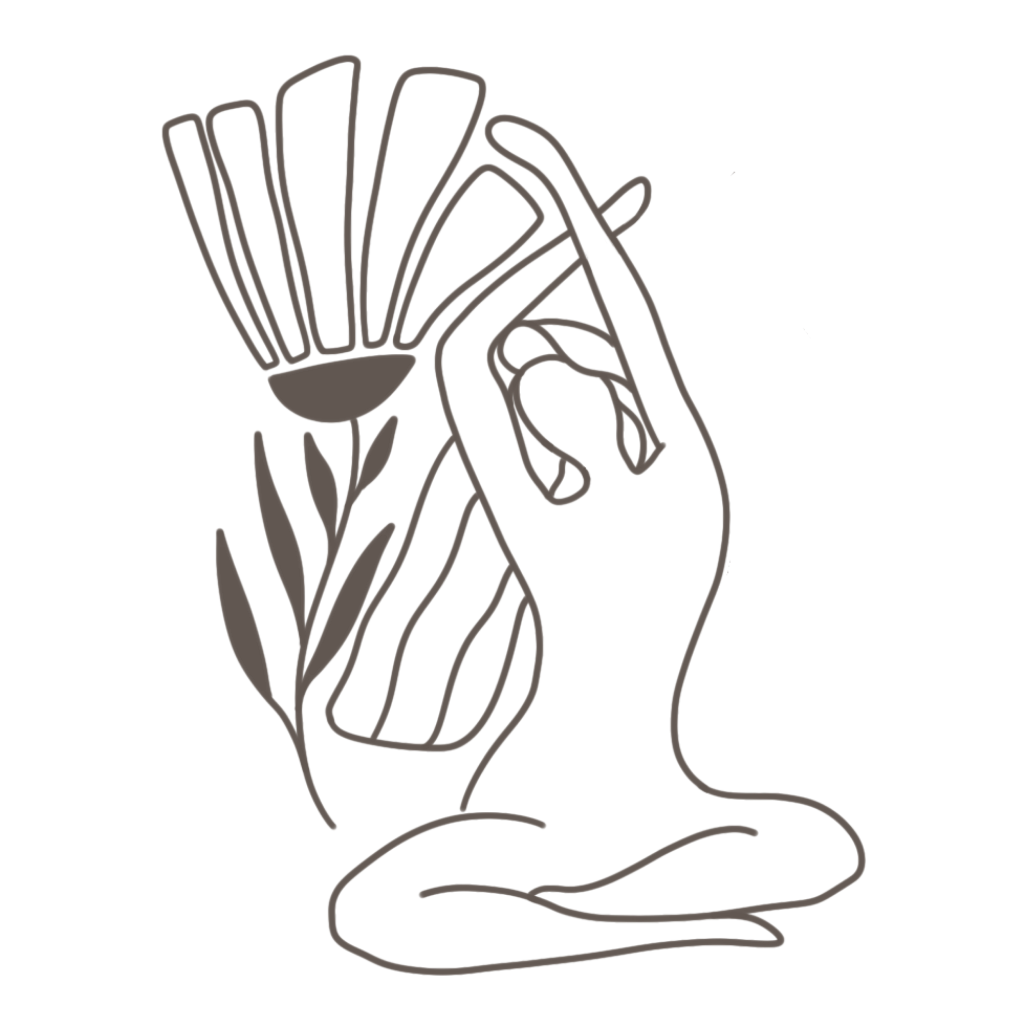 Line drawing of a hand holding a flower with a long stem and leaves.
