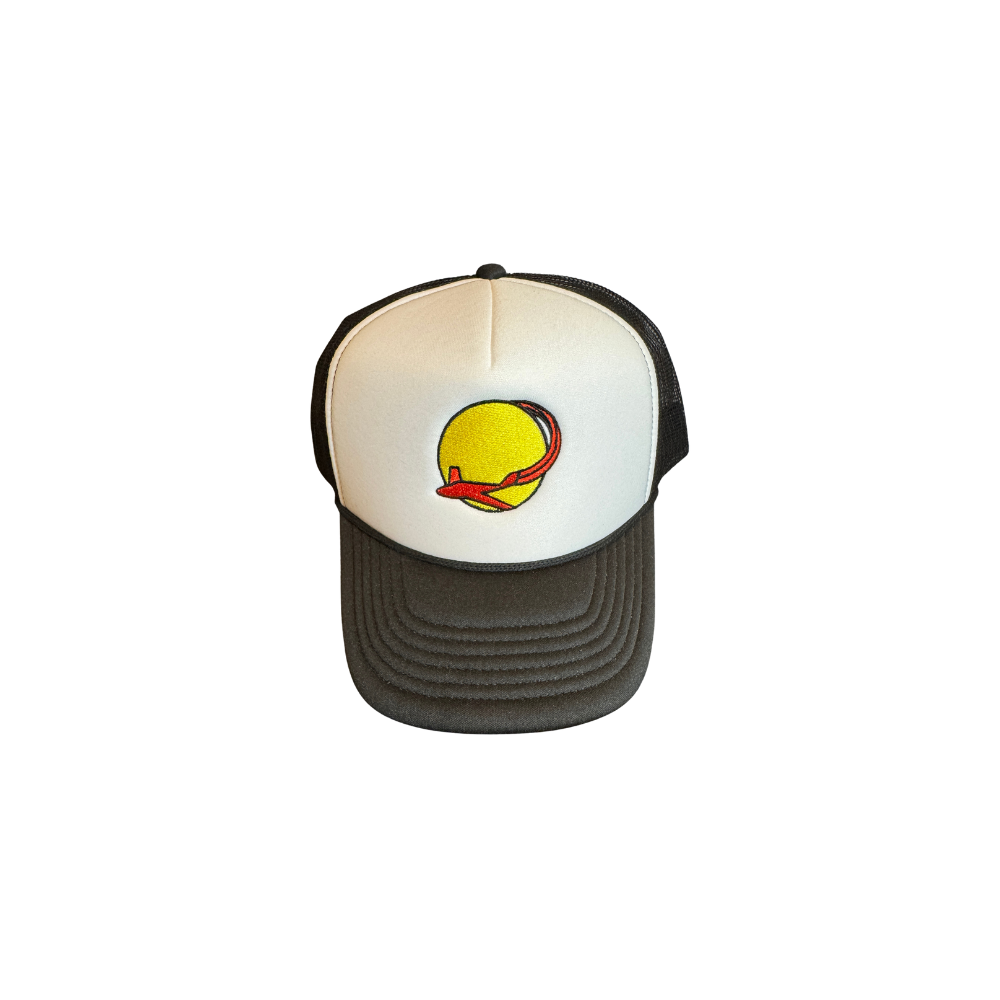 black and white hat yellow globe red plane.png