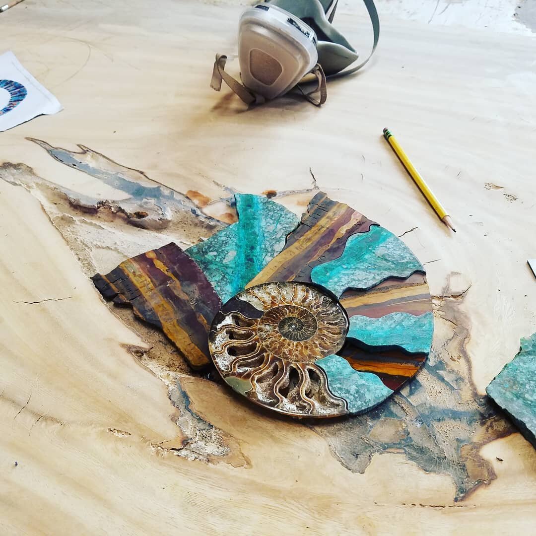 Latest inlay we are working on! I've never worked with ficus before but i think the azurite/malachite and the tiger iron stones are working out perfectly! 
My dad has been wanting to try and see what we come up with this slab all year so, as usual, t