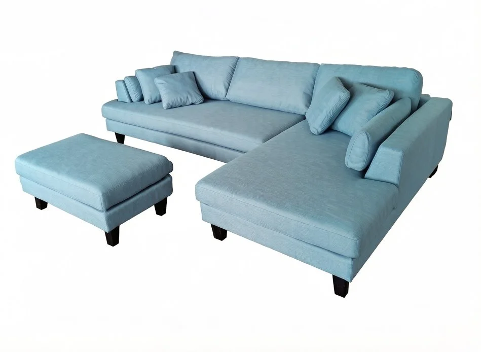S168RNE 3pc. Contemporary 2 Skype Blue  Linen Fabric Sectional Sofa Chaise Ottoman (Removable covers)