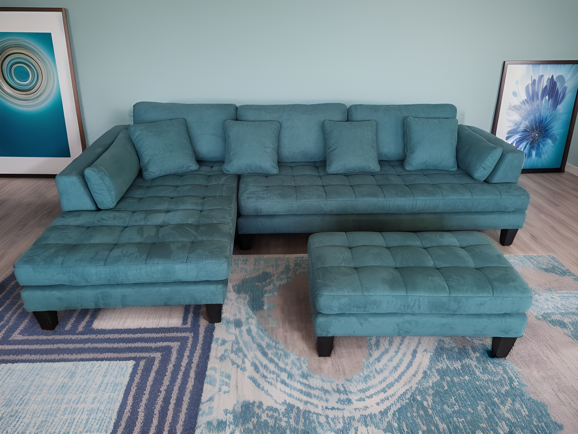 S168ltb 3pc Contemporary Dark Teal Blue Microfiber Fabric Sectional Couch Sofa Chaise Ottoman Stendmar