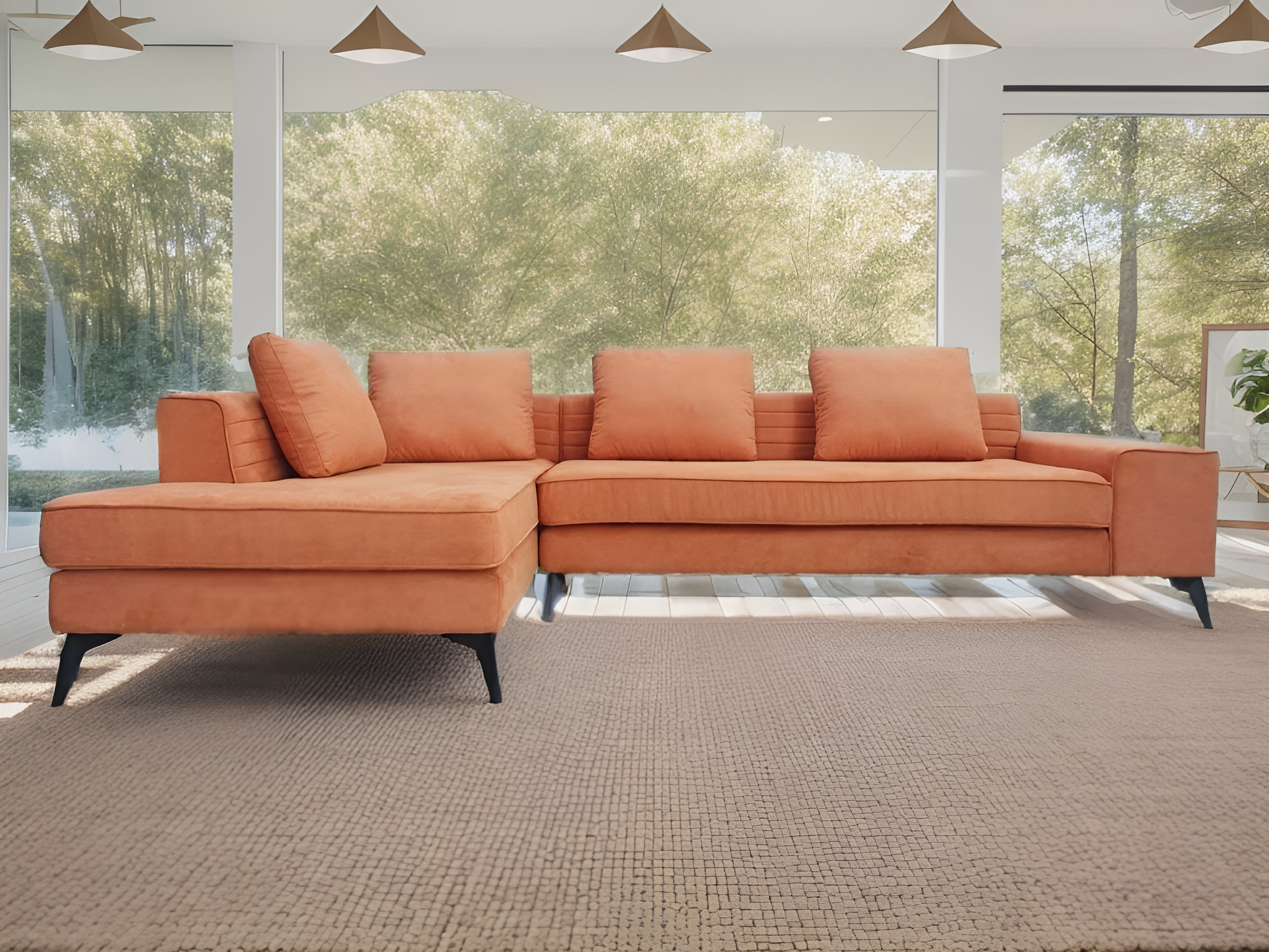S8805 2pc Contemporary Orange Microfiber Velvet Fabric Sectional Sofa Chaise Stendmar