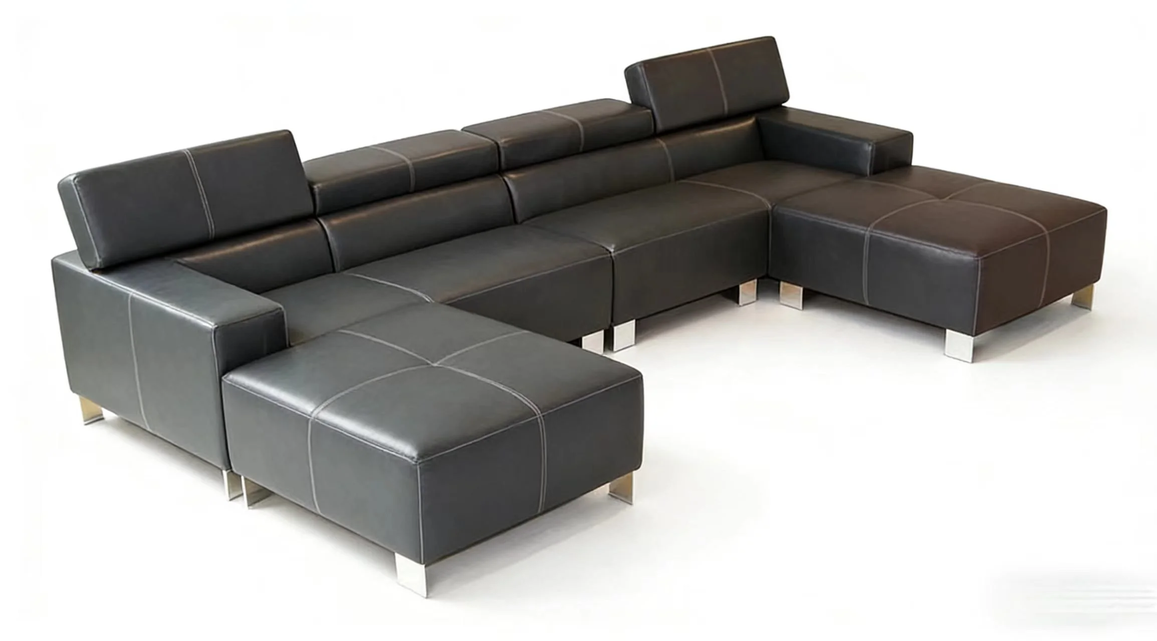 S205D U shape Double Chaise Adjustable Headrests Sectional Leather Sofa Set with Bold contrasst stitching