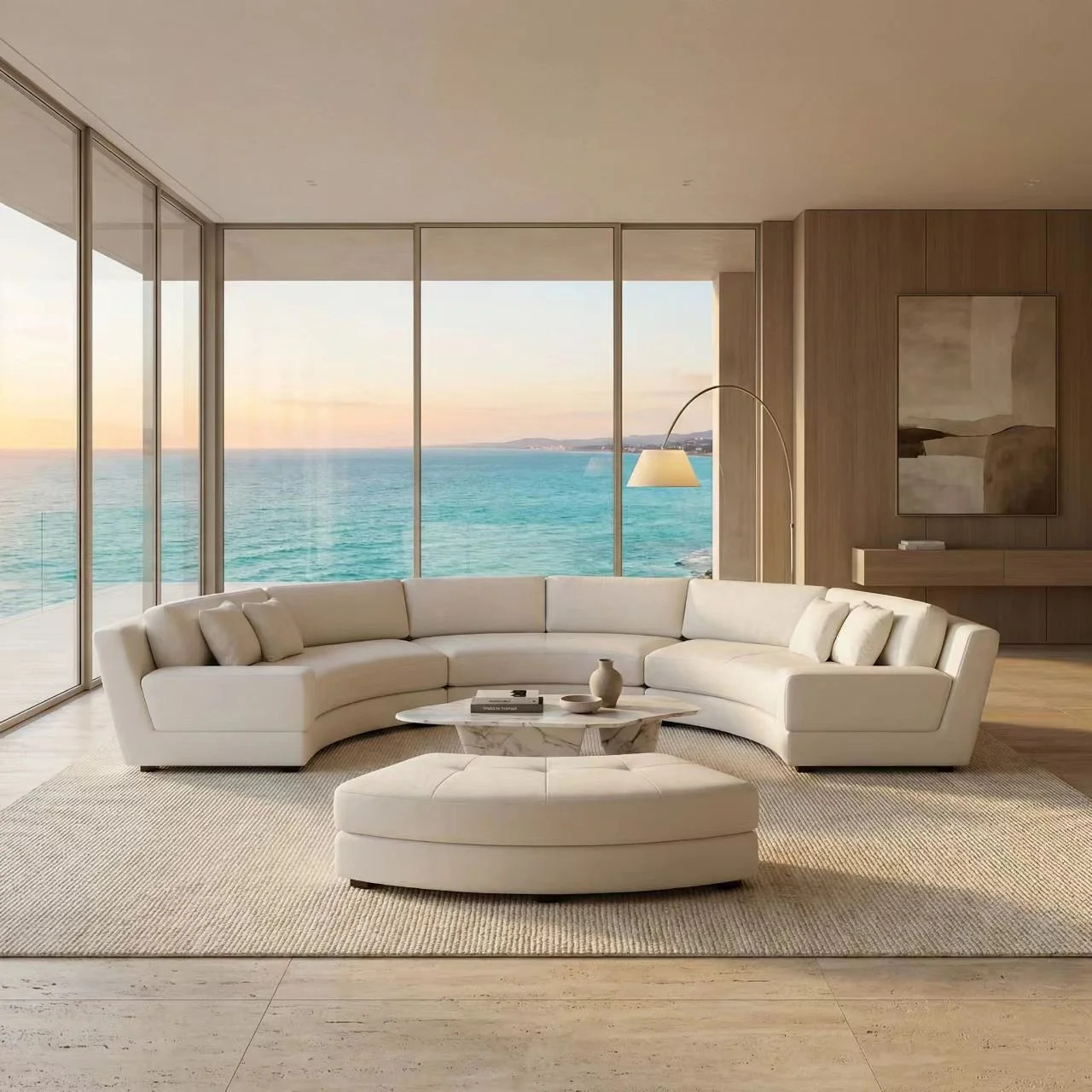 S606M 4PC. 160" SEMI CIRCULAR ROUND IVORY MICROFIBER FABRIC SECTIONAL SOFA SET