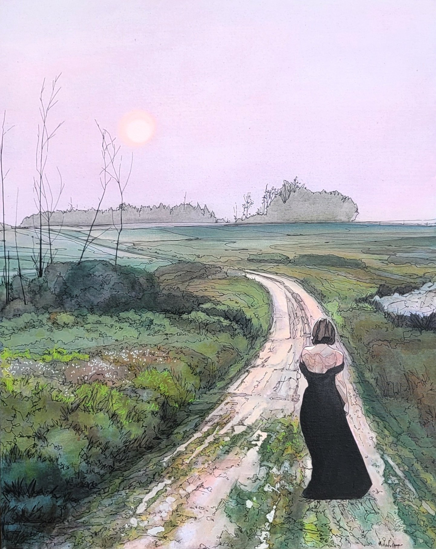 Soft Steps On Quiet Earth
  
30 inches high x 24 inches wide acrylic and marker on canvas wrapped on 1.5 deep stretcher bars.  $1650 +GST  On display at Dervilia Art & Design, Saskatoon SK  