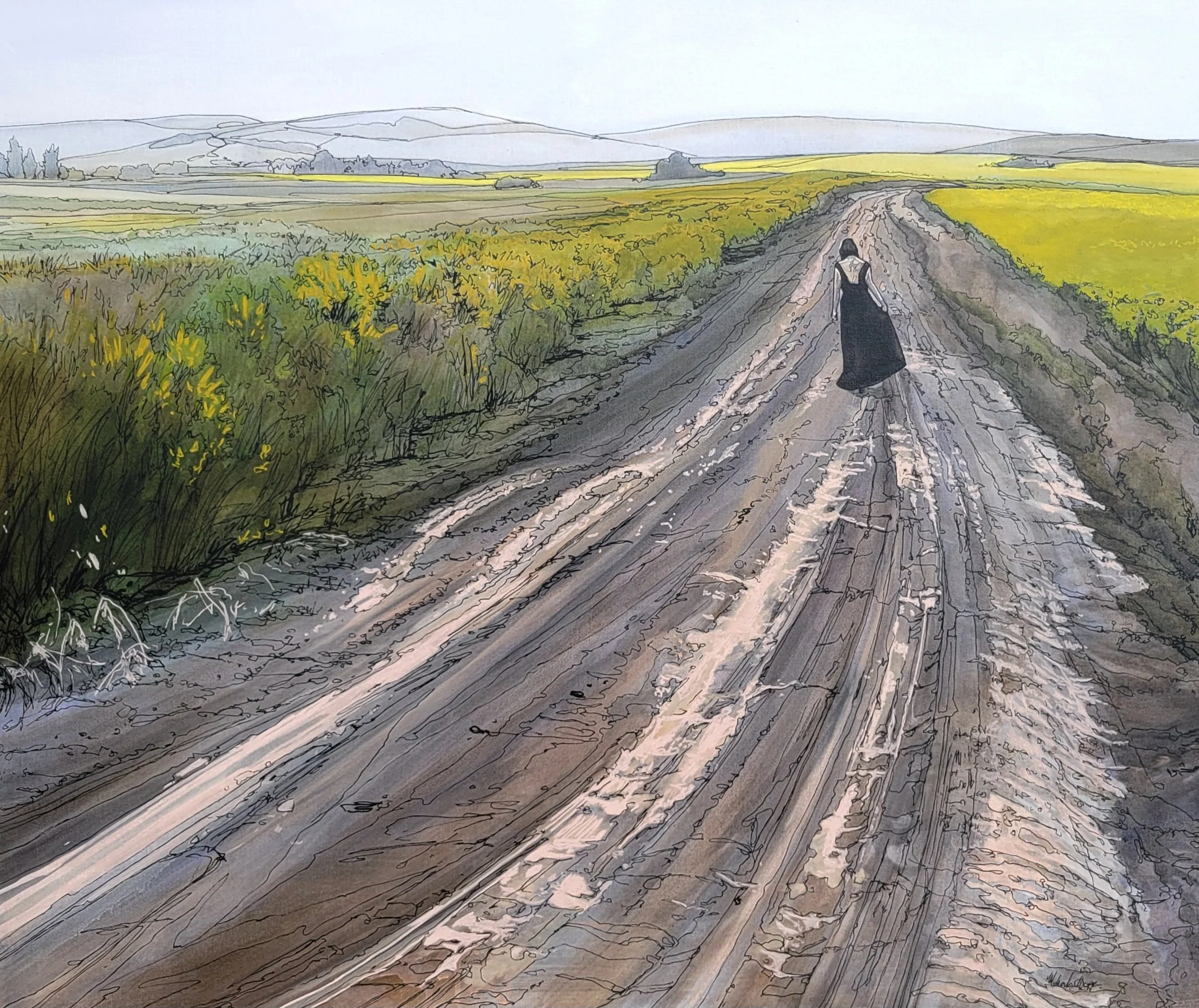 The Road She Chose
30 inches high x 36 inches wide acrylic and marker on canvas wrapped on 1.5 deep stretcher bars. $2000 +GST Contact me for more information about this piece