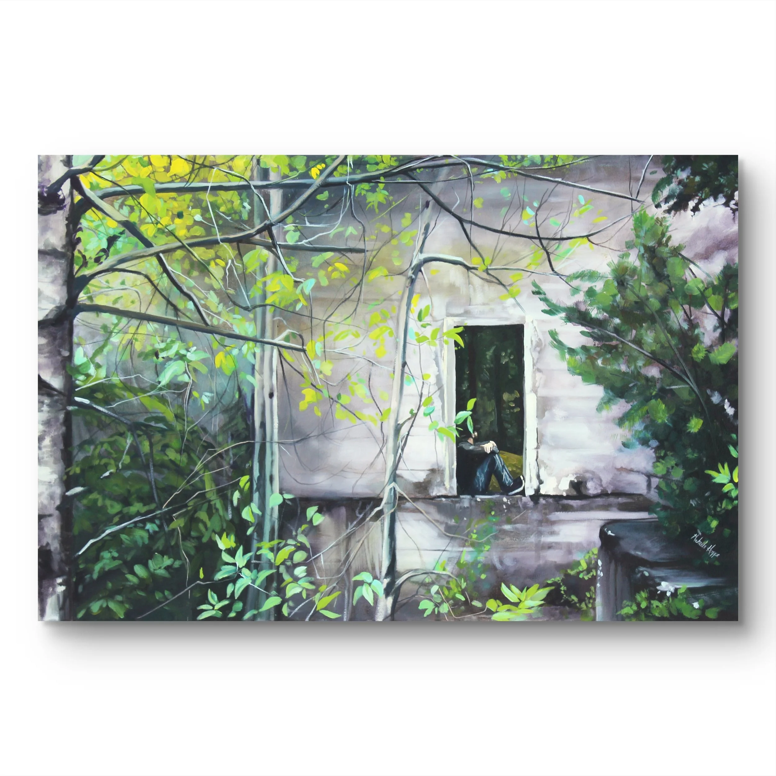 I Will Be Back One Day
 
 24 inches high, 1.5 inches deep, 36 inches wide  Oil paint on canvas stretched on deep profile pine stretcher bars.  $1950 +GST  Available through The Benz Gallery, London Ontario 