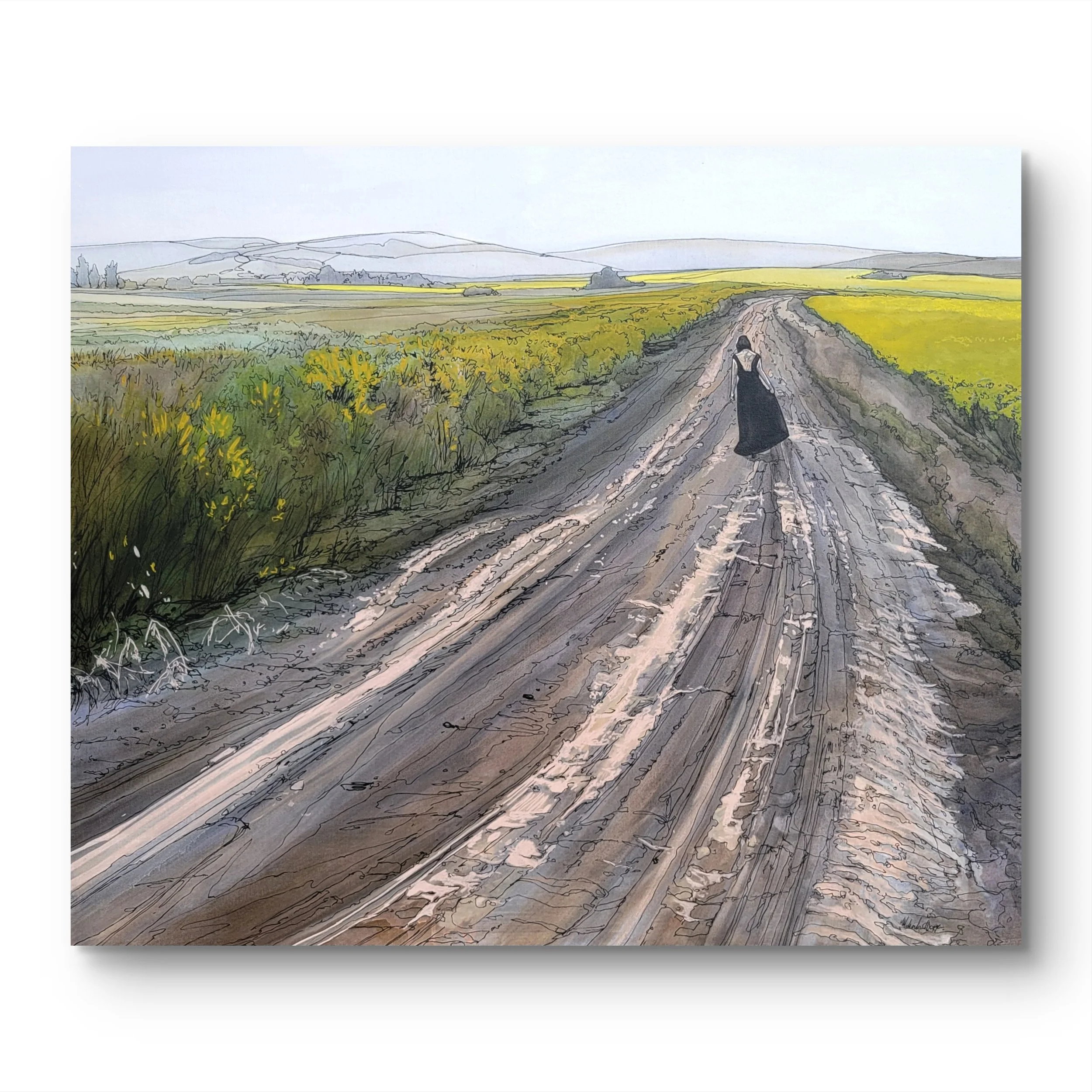 The Road She Chose
  
30 inches high x 36inches wide acrylic and marker on canvas wrapped on 1.5 deep stretcher bars.  $2000 +GST  On display at Effusion Gallery, Invermere BC   