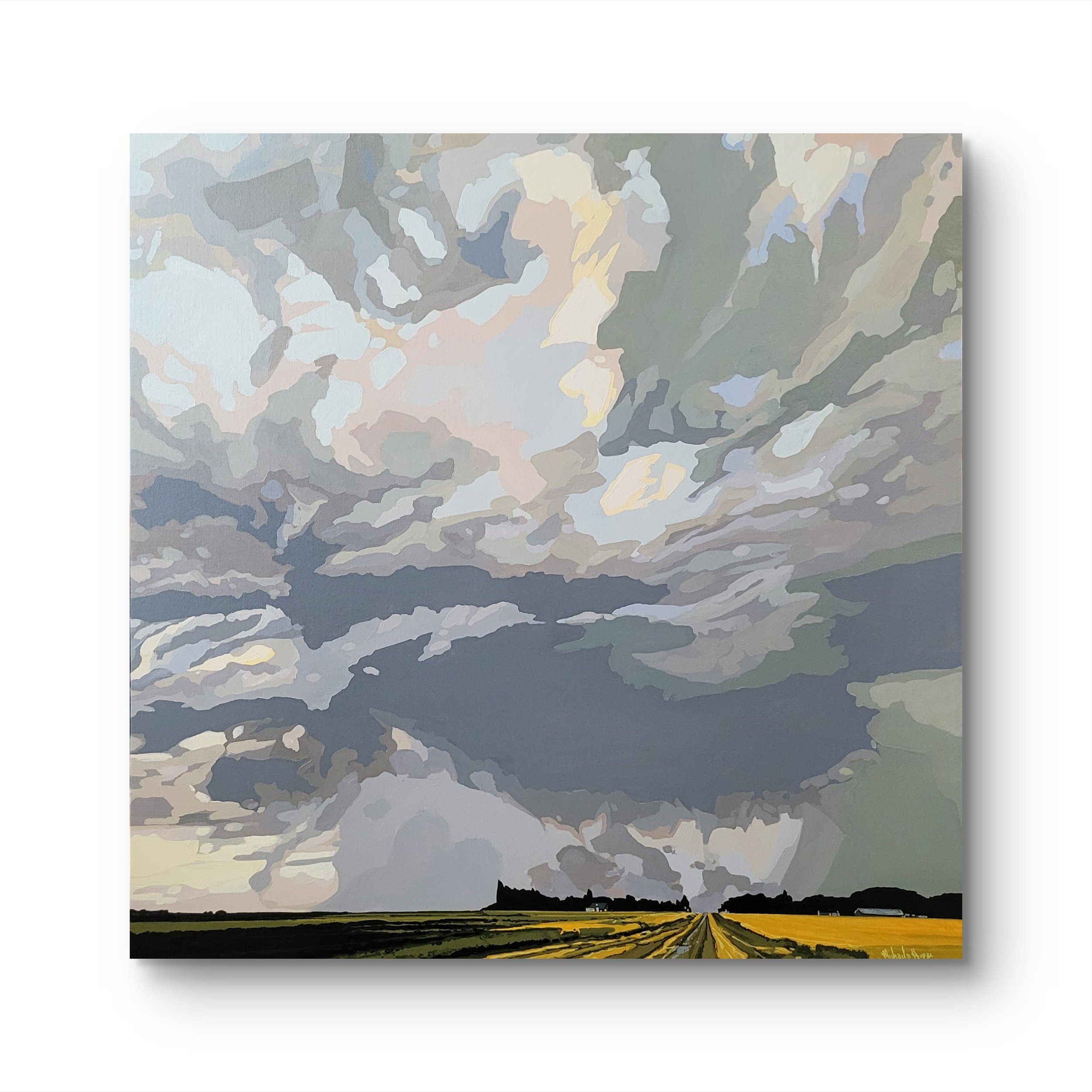 Yellow Fields, Gathering Grey
  
30 inches high x 30 inches wide acrylic and marker on canvas wrapped on 1.5 deep stretcher bars.  $2000 +GST  On display at Effusion Gallery, Invermere BC   