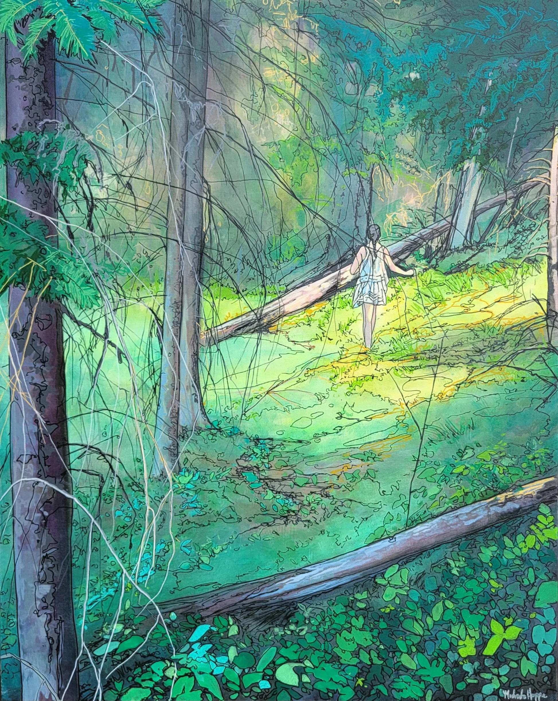 Where Shadows Breathe
  
30 inches high x 24 inches wide acrylic and marker on canvas wrapped on 1.5 deep stretcher bars.  $1650 +GST  On display at Dervilia Art & Design, Saskatoon SK  