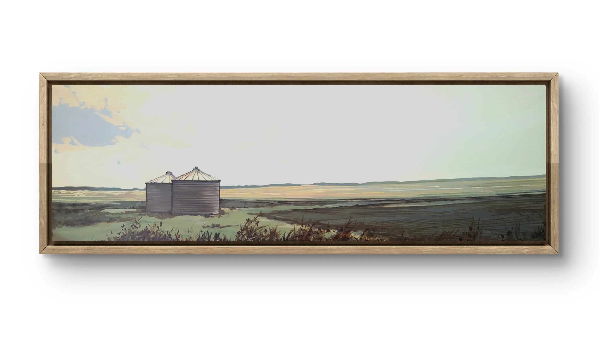 Stillness On The Prairie
  
16 inches high x 48 inches wide acrylic and marker on canvas wrapped on 1.5 deep stretcher bars.  $1600 +GST  On display at Effusion Gallery, Invermere BC   