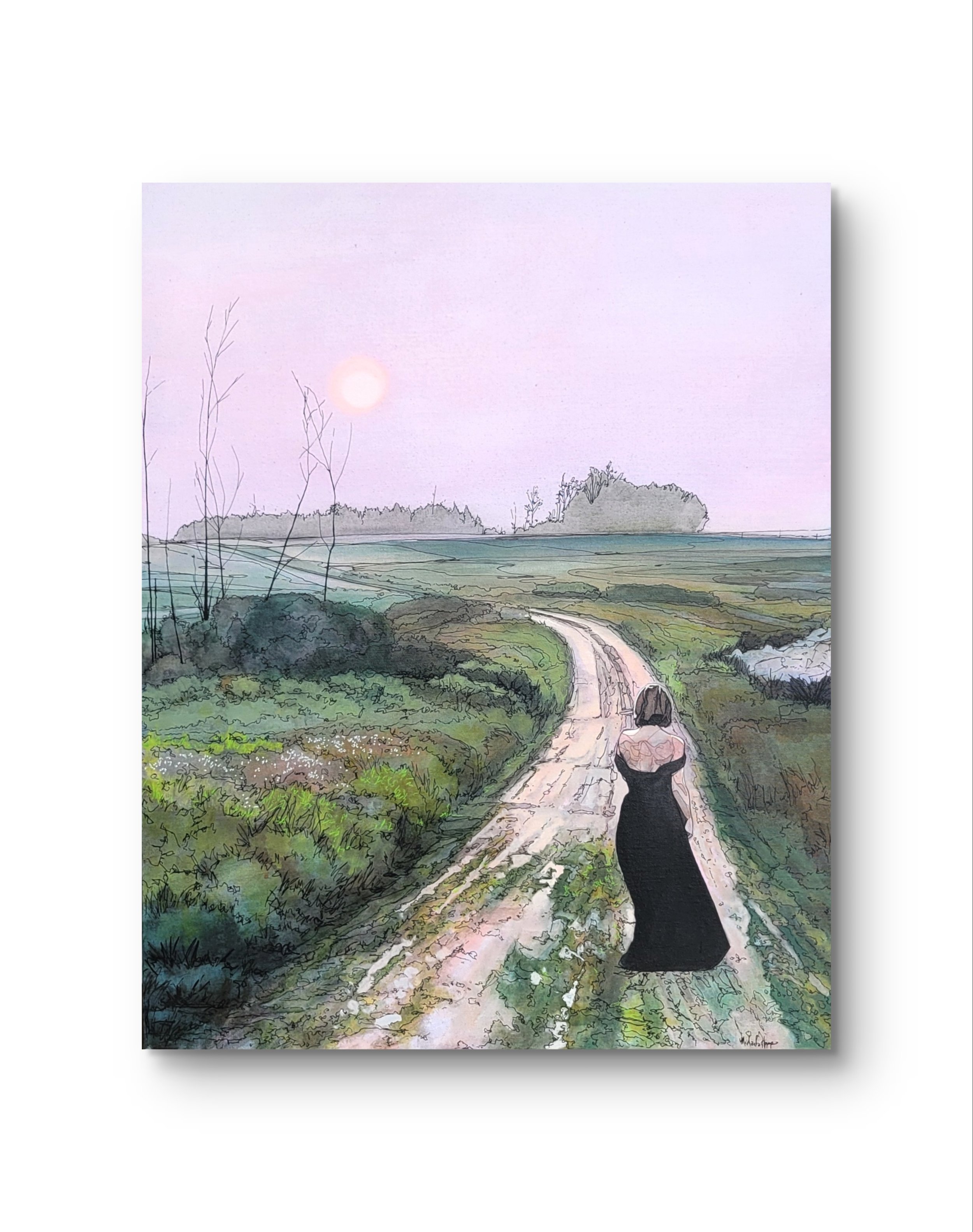 Soft Steps On Quiet Earth
  
30 inches high x 24 inches wide acrylic and marker on canvas wrapped on 1.5 deep stretcher bars.  $1650 +GST  On display at Dervilia Art & Design, Saskatoon SK  