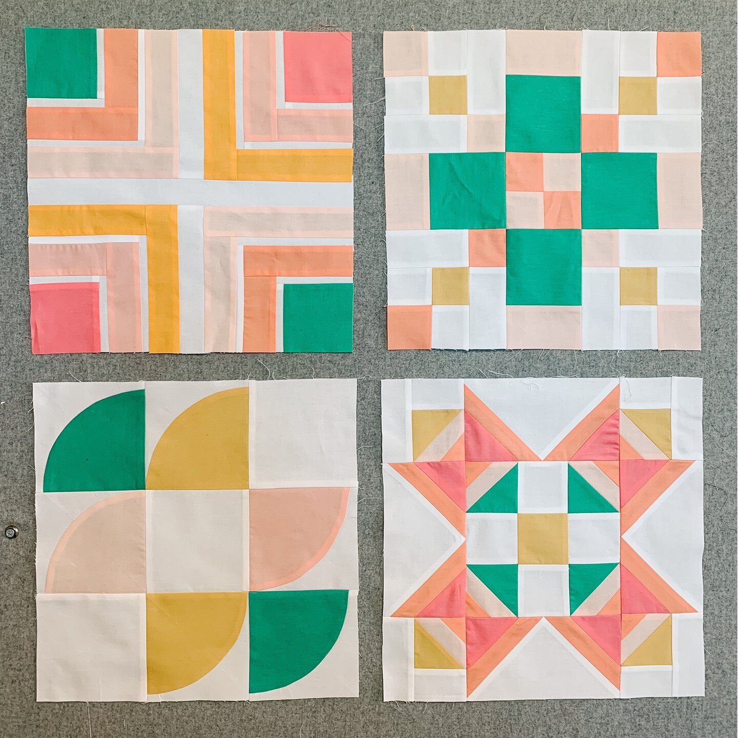 The first 4 Summer Sampler blocks together--I'm loving these Cotton Couture colors together. Blocks designed by @cottonandjoy @cluckclucksew @the.weekendquilter and me. Want to make your own? Link in my profile. #summersampler2021 #vintagerestyle2021