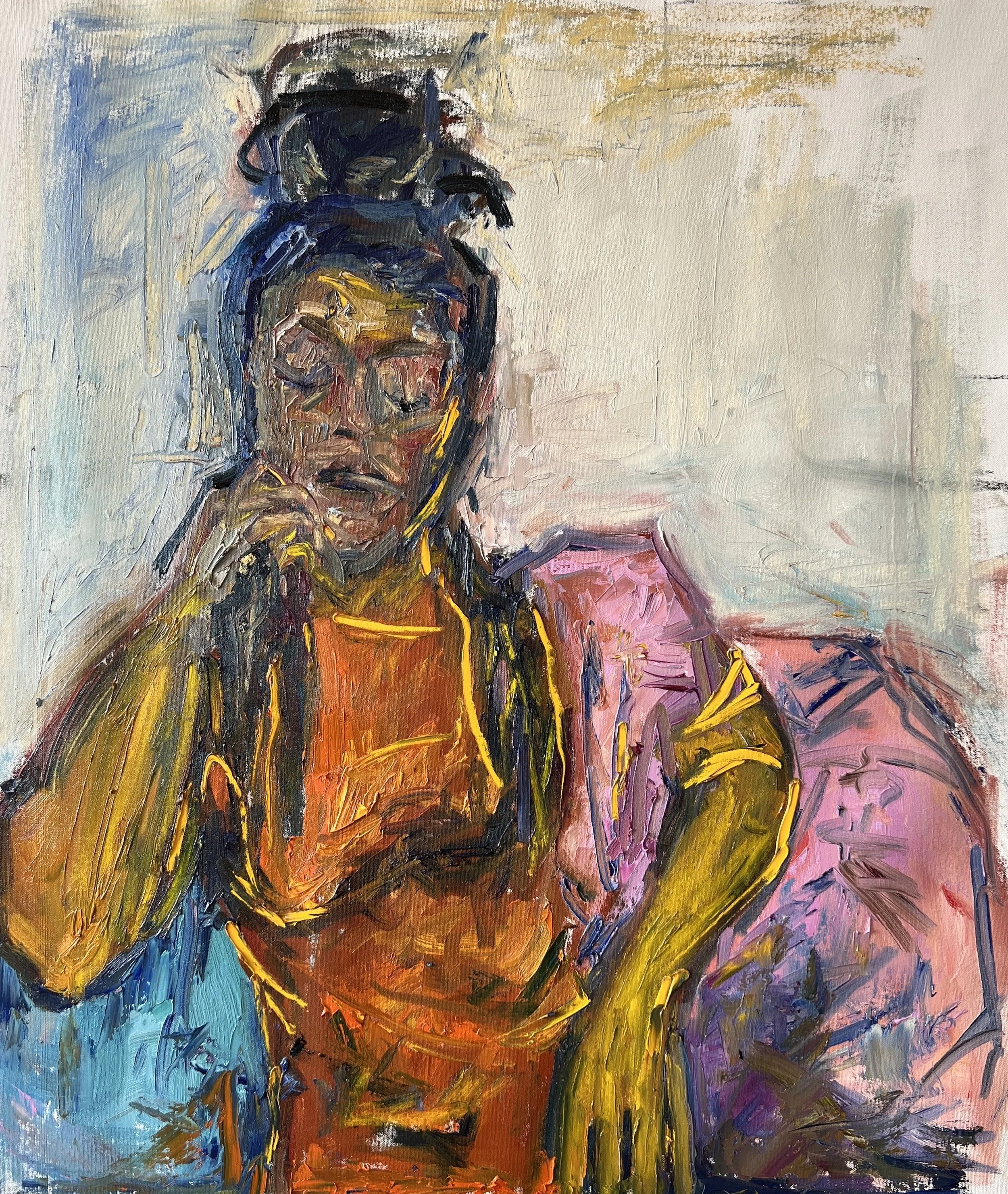  Woman With the Pink Shawl  Oil on Canvas,  38 x 32 inches, 2024   