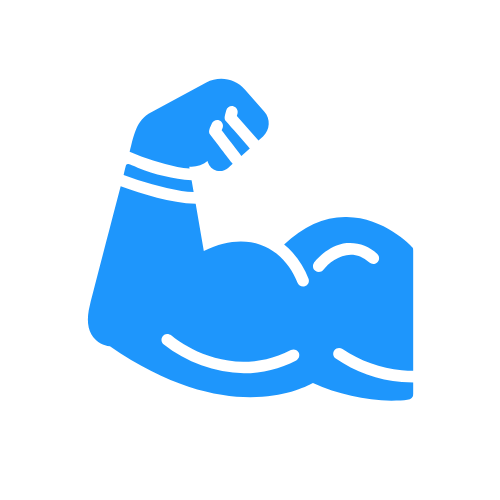 Blue cartoon illustration of a flexed arm muscle with a fist showing strength, representing the word "Strong."