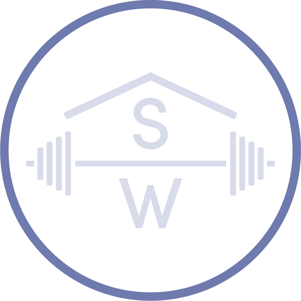A circular logo with a white background and a blue-gray border. Inside, it depicts a house shape with a letter S at the top, a letter W at the bottom, and a horizontal bar with a barbell in the middle.