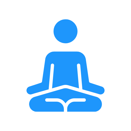Blue icon of a person sitting cross-legged in a meditation pose, representing the word "Mindful"