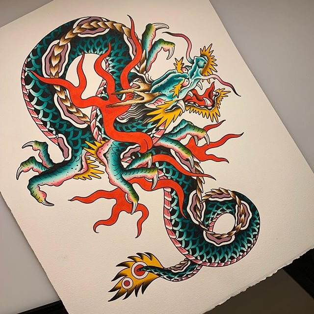 Here&rsquo;s a painting I finished a few days ago. Redraw of an amazing cap Coleman dragon.  Would love to turn this in to a tattoo, hit me up if interested!  Really hoping we will be able to start tattooing by the end of next week, hopefully gov. Ka