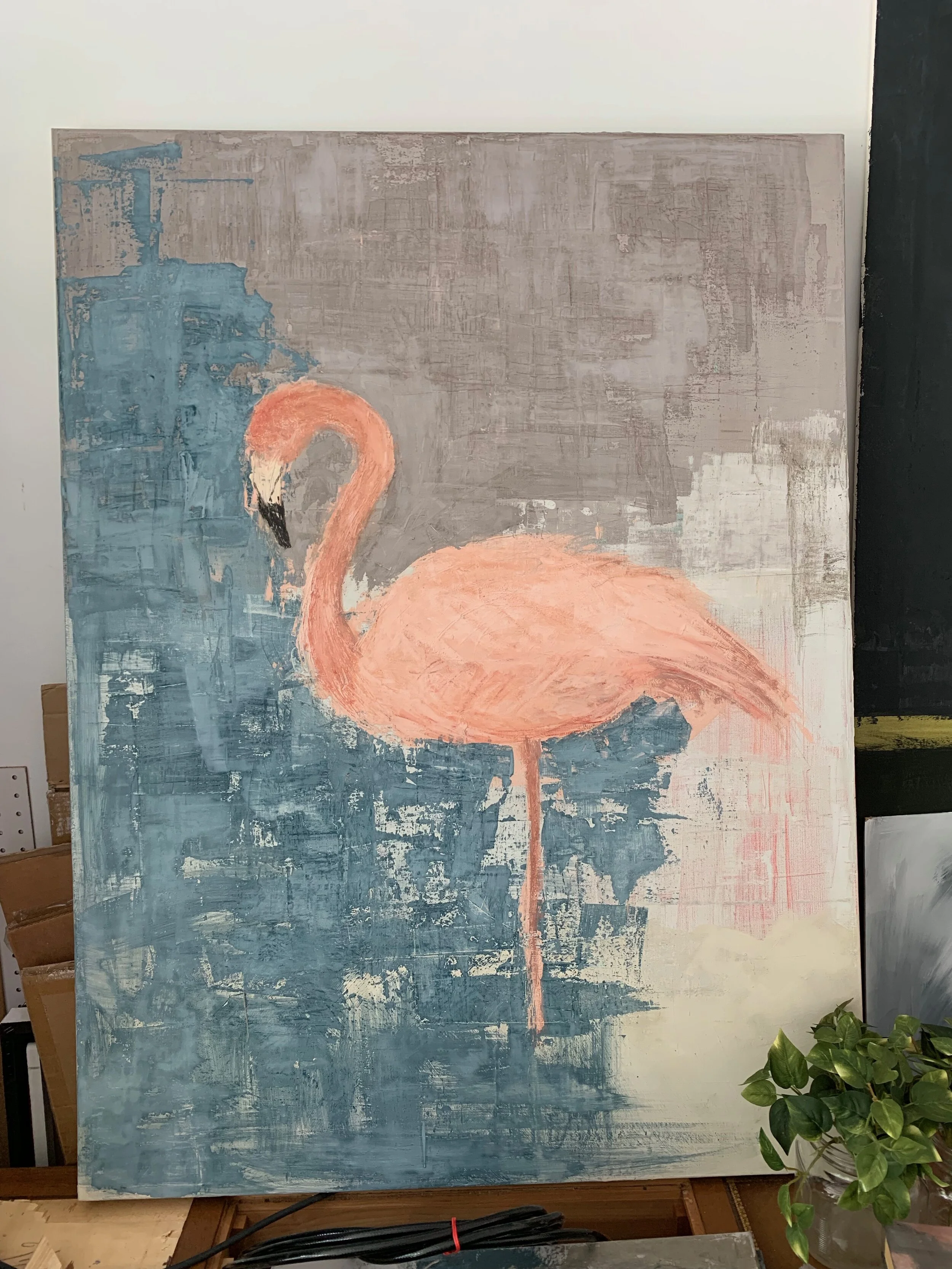 Mr. Flamingo, 36x48in, lime on canvas
