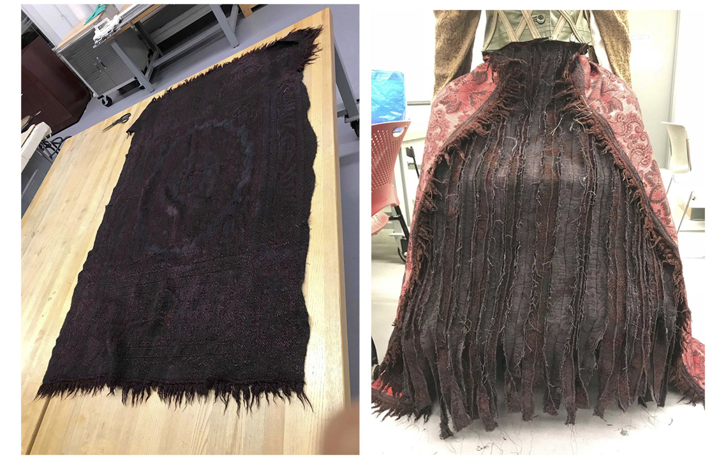 May 2019. On the left: Hand dyed woven fabric that was then cut into strips to create underskirt seen on the right. On the right: Strips sewed together which create underskirt.