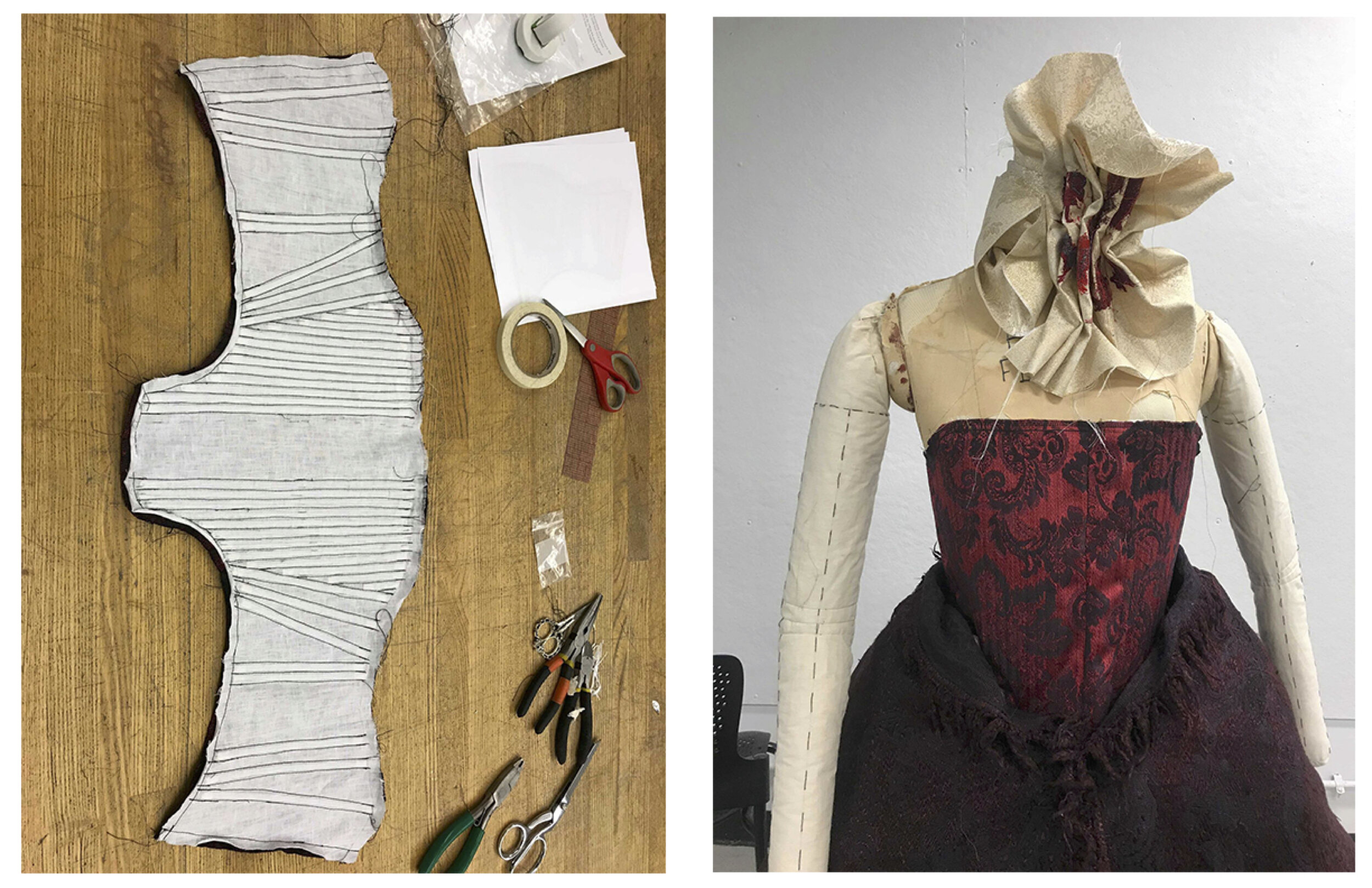May 2019. On left: 16th century pattern corset. Spiral steel boning, linen and hand dyed fabric. On the right: corset, hand dyed fabric and embroidery.