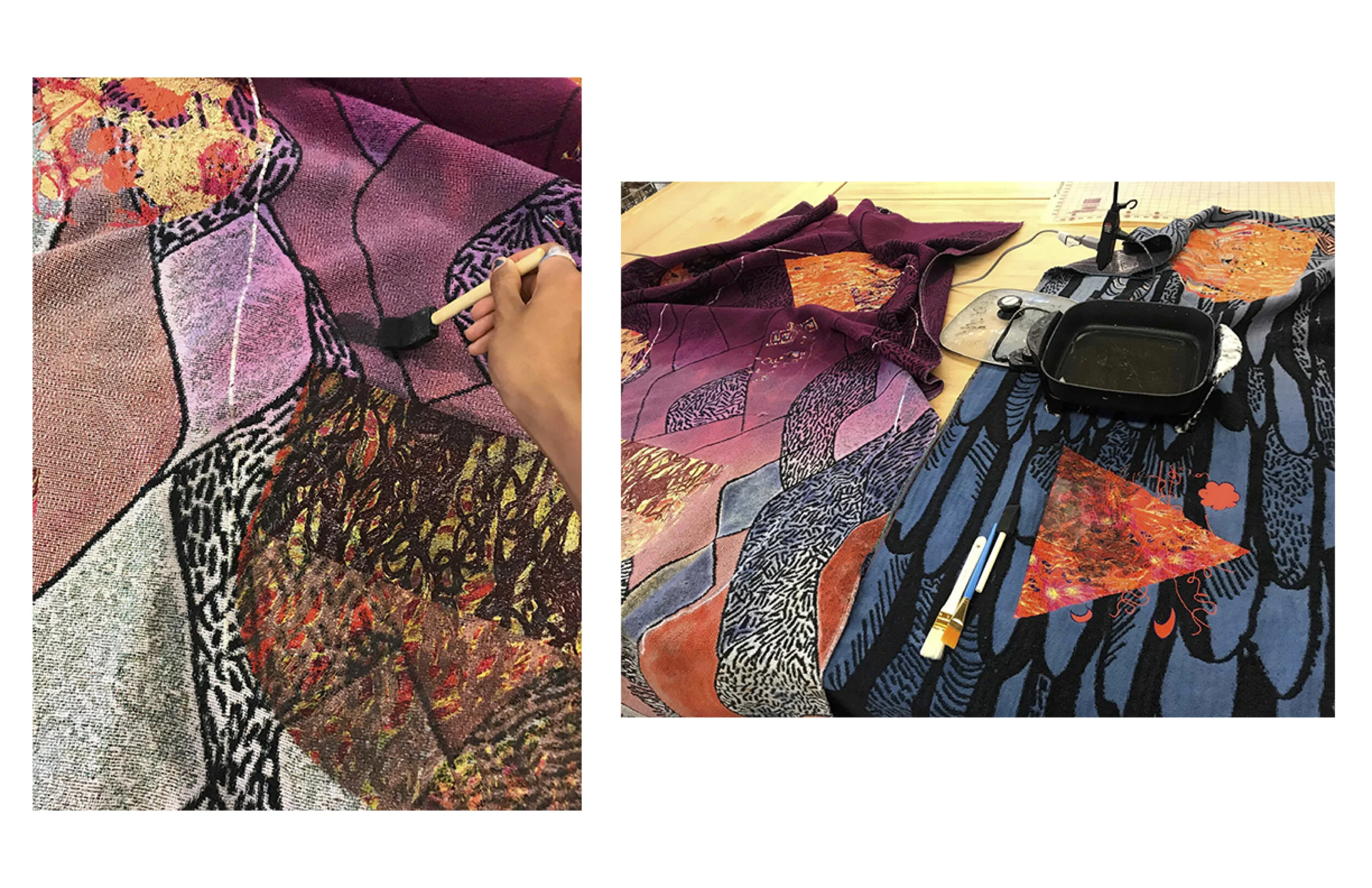 2018. Adding wax on woven pieces by artist Melissa Leandro.