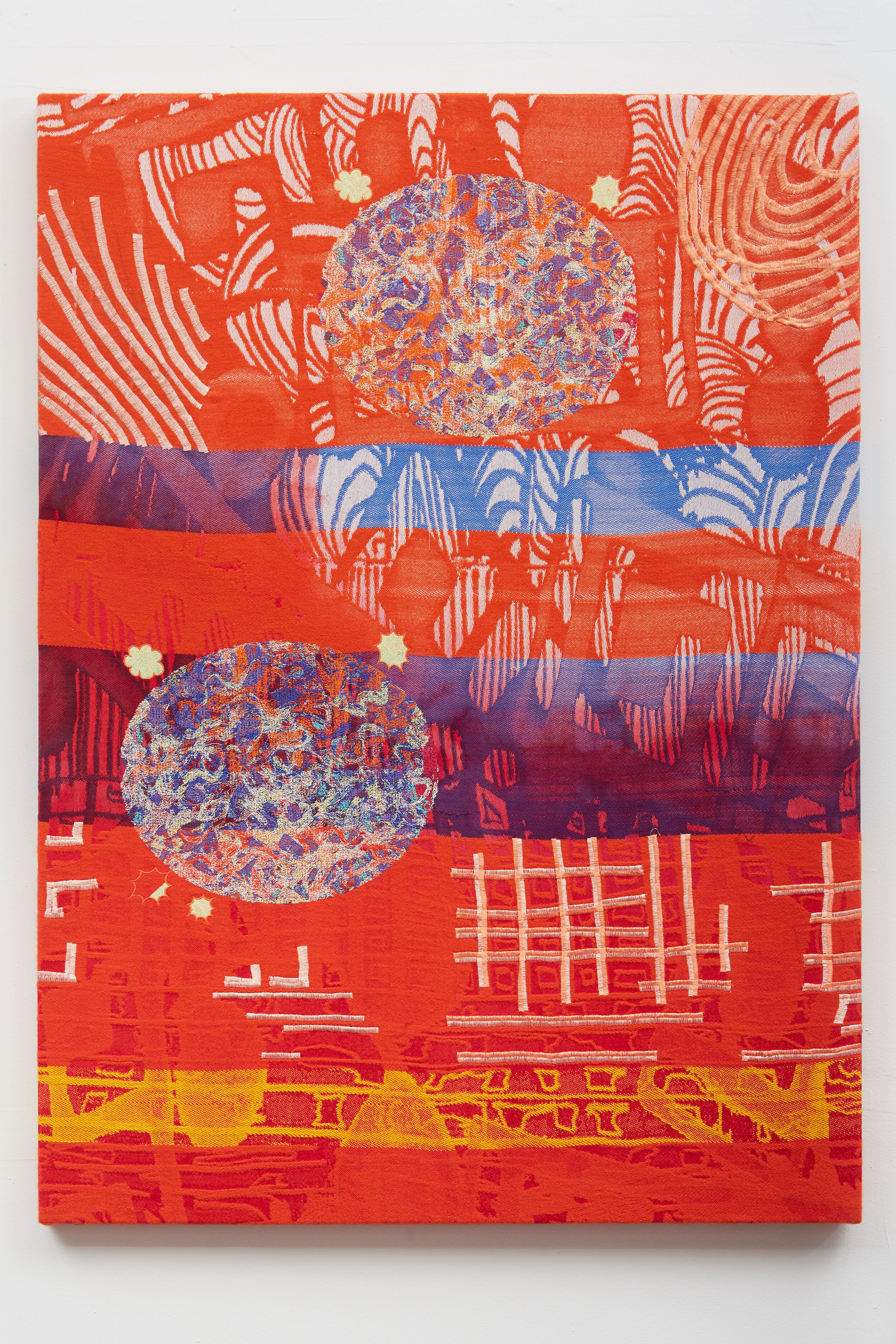 These works were made by artist Melissa Leandro. Images and art are not mine. As a studio assistant I help with the process of making; sewing, dye, removing, etc. Sewed lines and drawings for artist Melissa Leandro - 786 Woven cloth, embroider