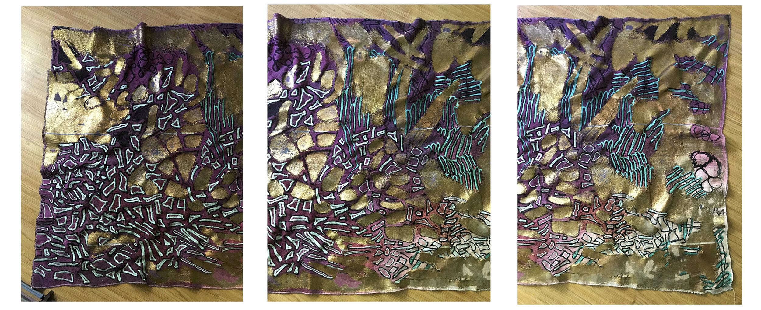 2019. Sewed the various hues-of-blue lines on this piece by artist Melissa Leandro.