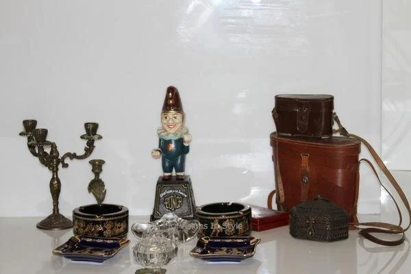 Vintage Ashtrays Binoculars Penny Bank &amp; Candelabras
