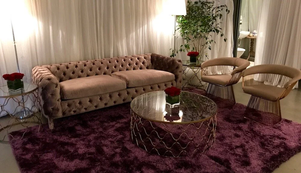 Tufted Couch w/ Gold Eva Chairs