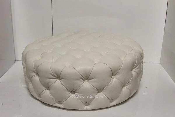 White Leather Dimpled Round Ottoman
