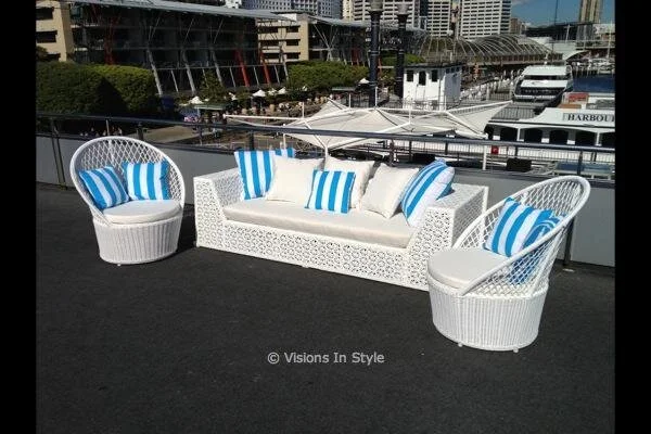 White Three-Seater Outdoor Synthetic Couch with Matching Armchairs