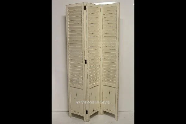 Aged White Slatted Folding Screen