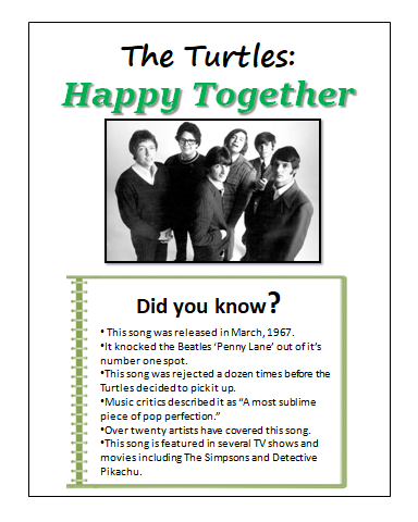 pop song worksheets the turtles happy together esl hacker