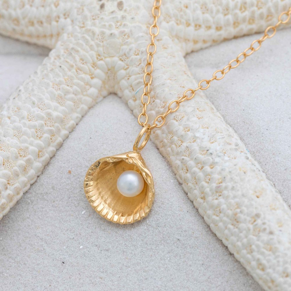 Gold Vermeil Cockle Shell and Pearl Pendant by Kate Wimbush Jewellery