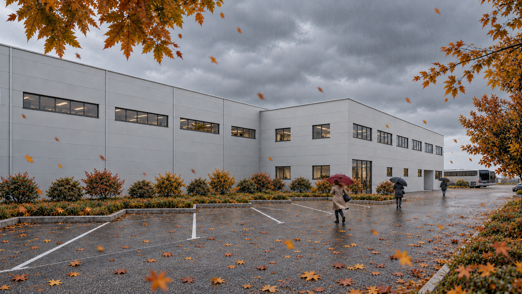 Rainy Autumn Factory with Three Umbrellas.png