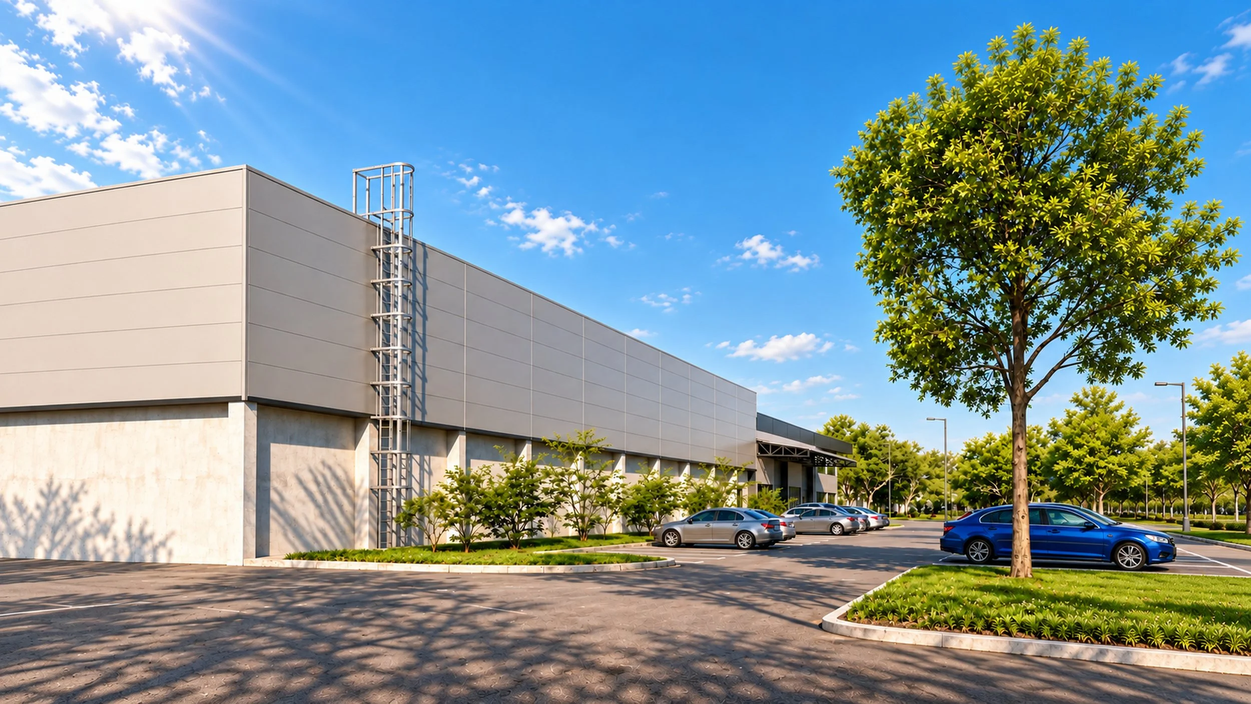 Sunlit Warehouse Facade with Blue Sedan.jpg