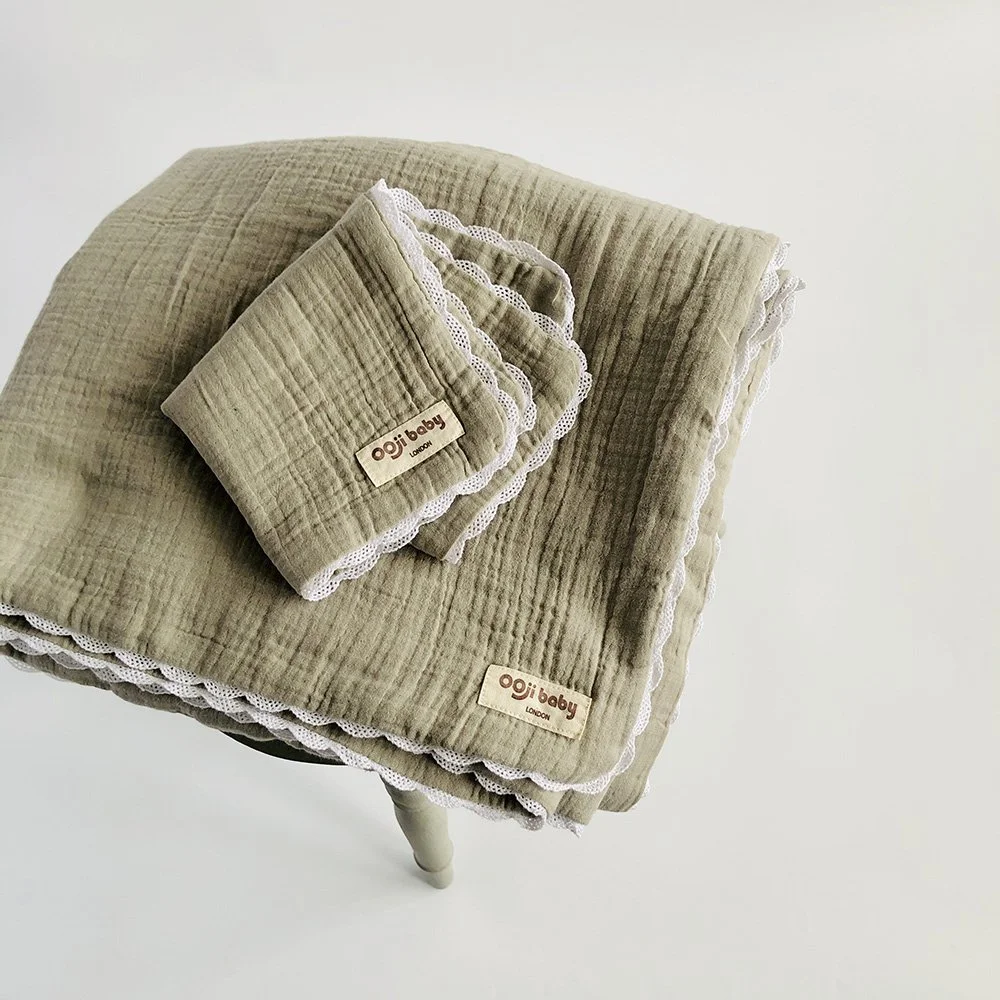 Grey Muslin Baby Blanket And Matching Comforter With Lace Trim