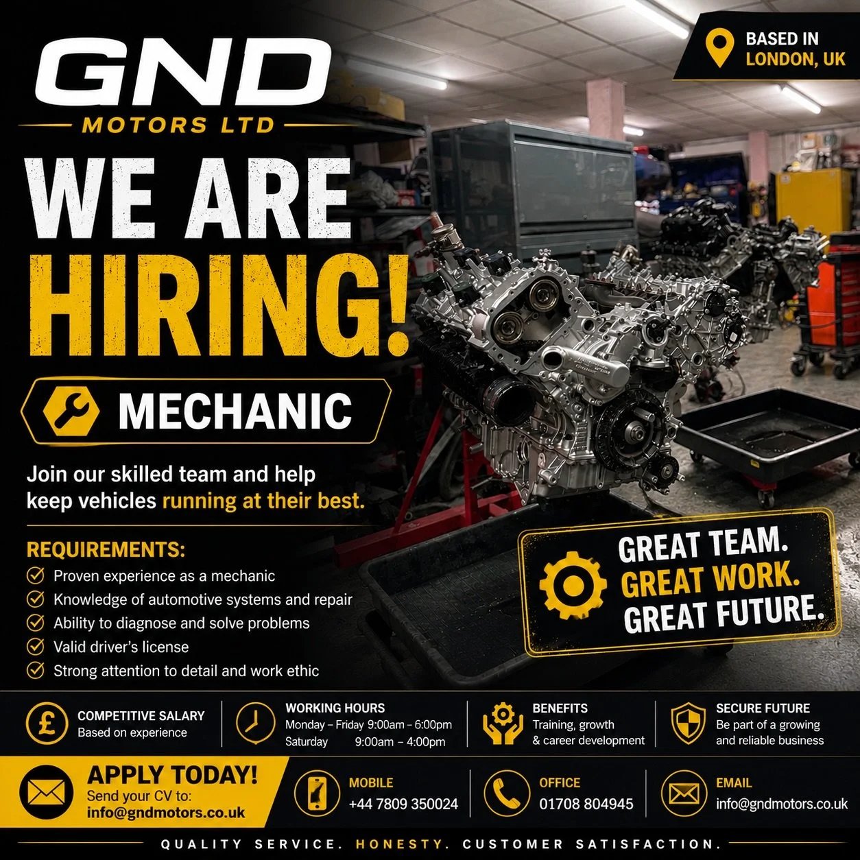 🔧 WE&rsquo;RE HIRING &mdash; MECHANIC! 🔧

GND Motors Ltd is looking for a skilled and reliable Mechanic to join our team in London. 🚗💨

✅ Experienced mechanic
✅ Strong automotive knowledge
✅ Diagnostic &amp; repair skills
✅ Good attention to deta