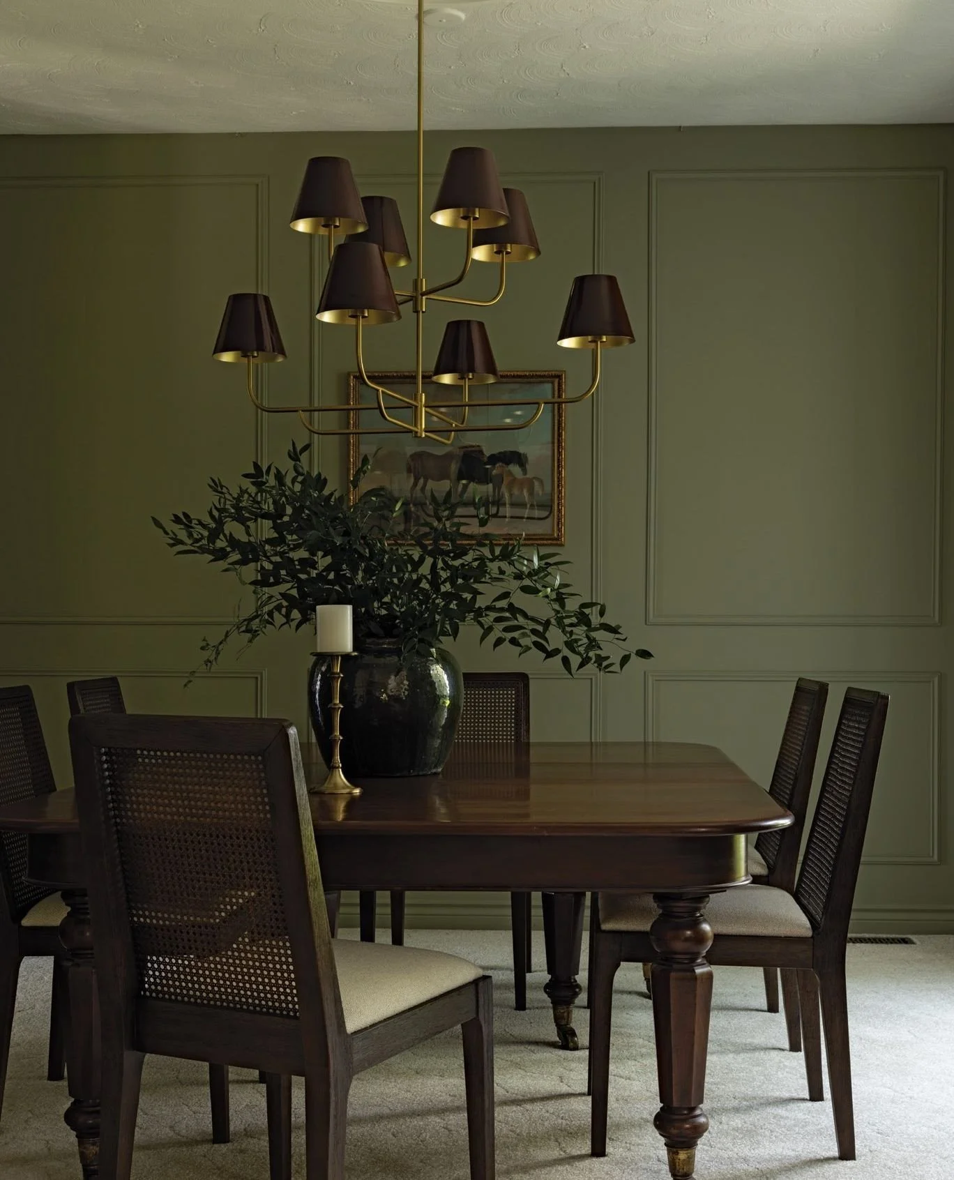 We featured this lovely home outside Fenelon Falls and were delighted to share thoughts from the Interior Designer, Coralee Monaghan. In the dining room, which is elegantly designed for hosting, a moody shade of sage green was chosen with purpose to 