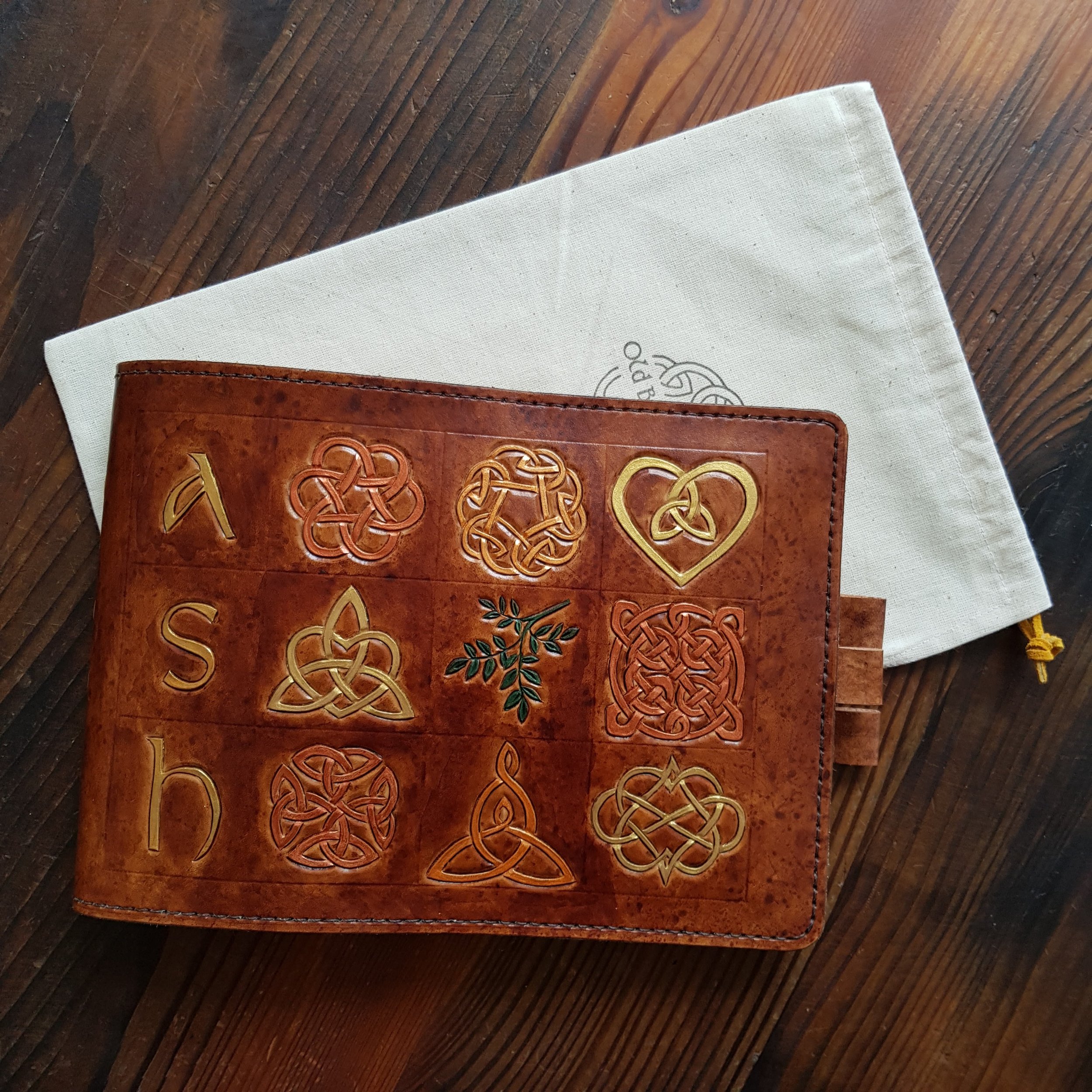 A4 Landscape Album REAR Cover featuring small squares with variety of Celtic motifs. Colours browns, golds and greens.