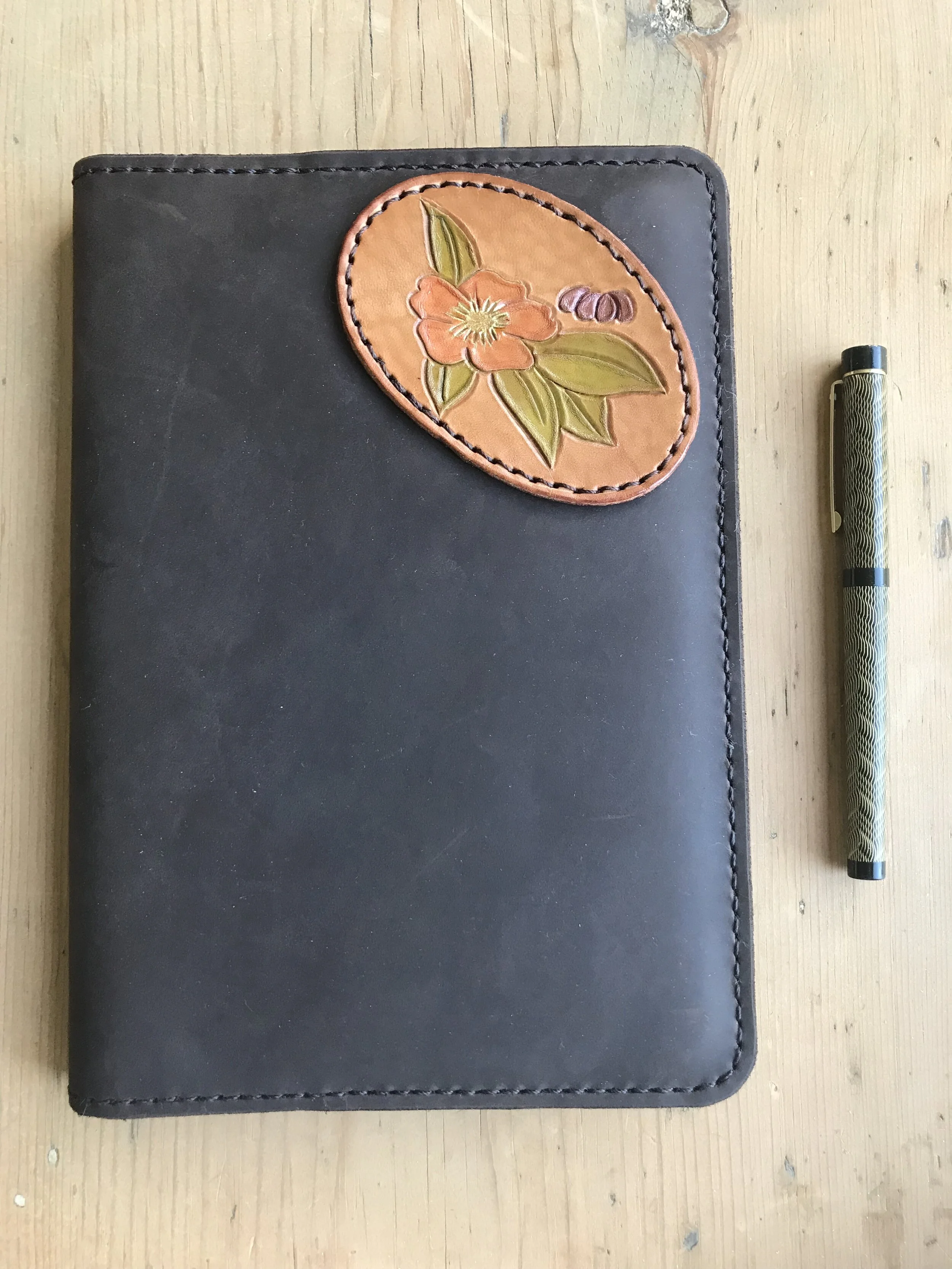 Leather Journal Cover Wild Rose Patch