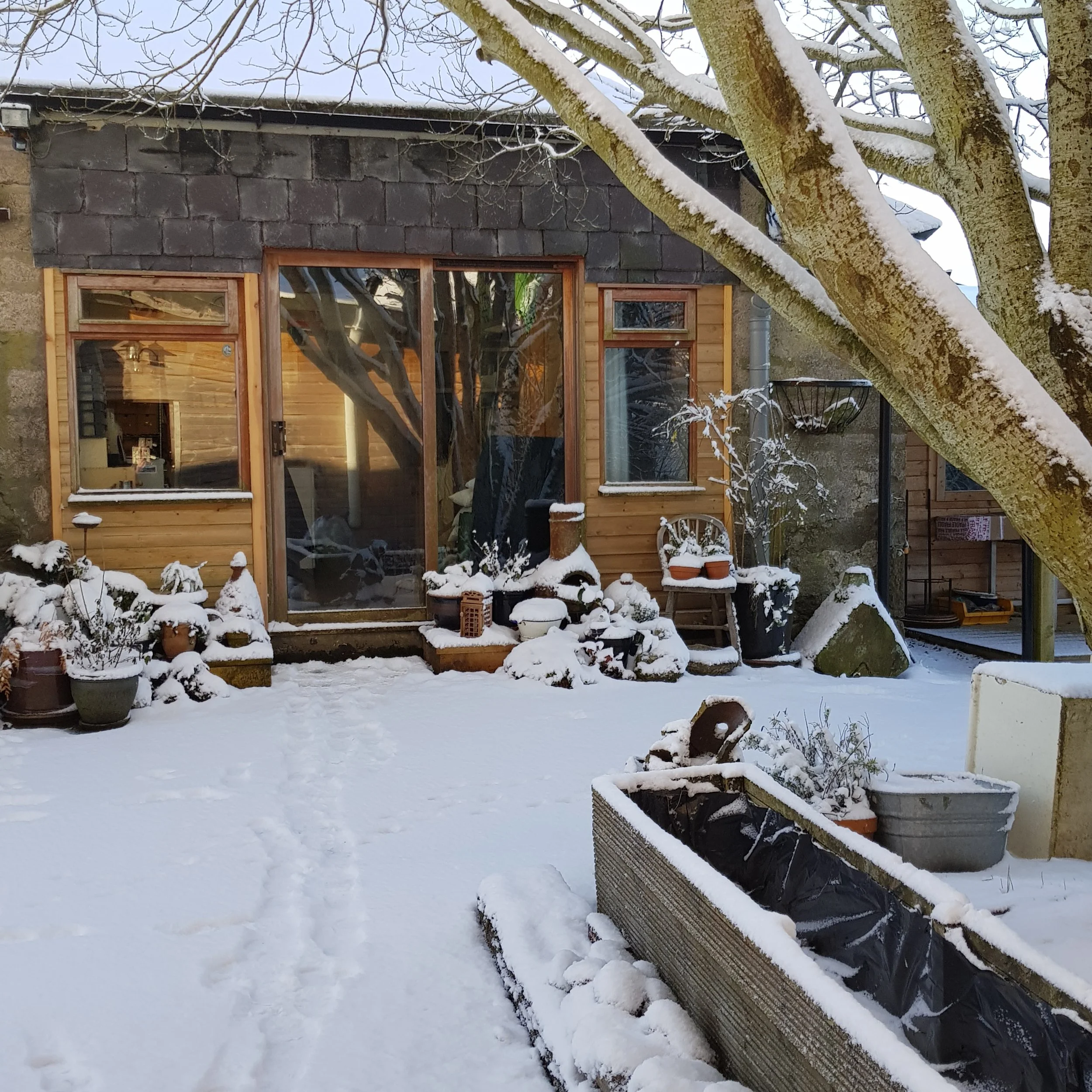 Old Barn Leather studio doorstep in winter