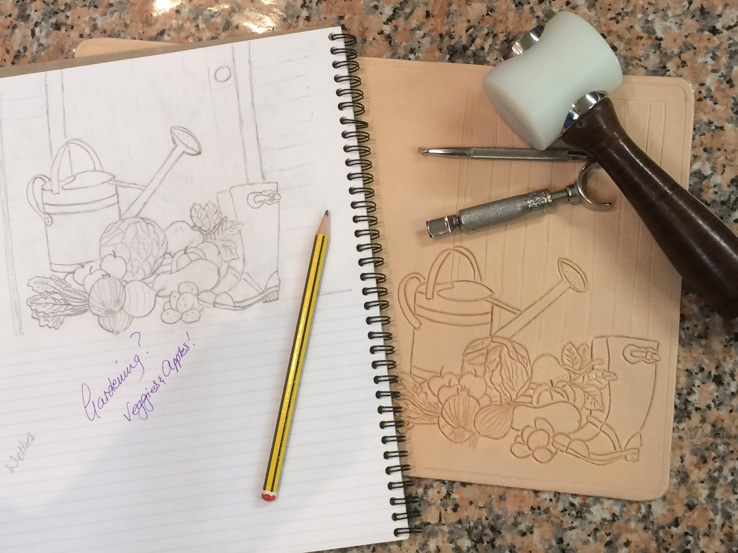 Veggie garden planning translated onto leather for a journal