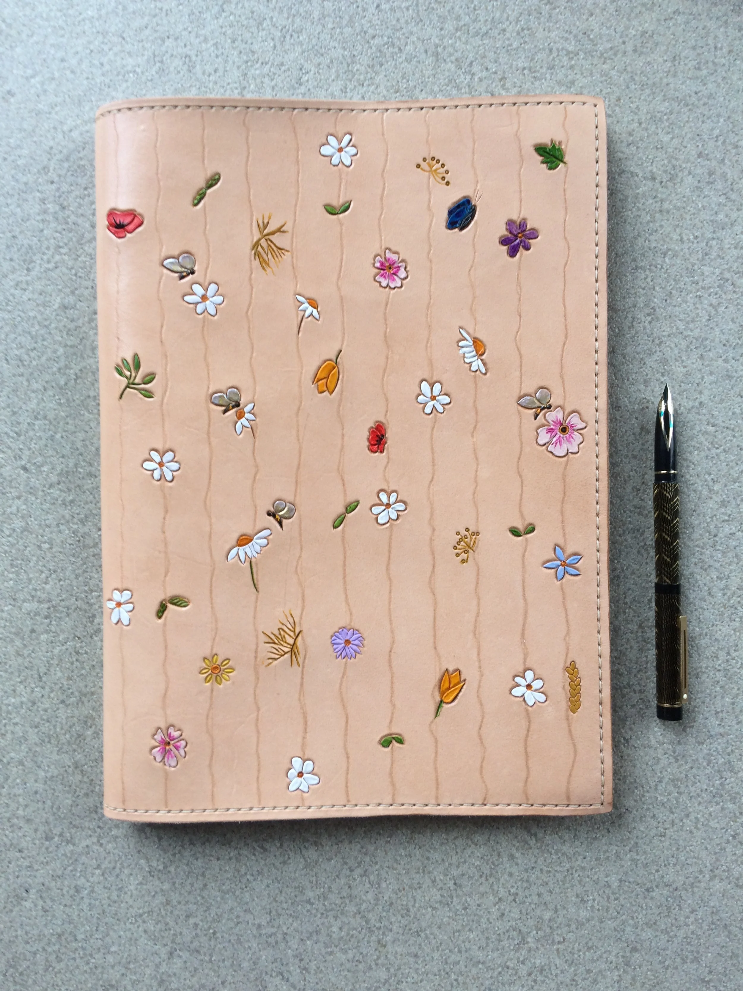 A4 Refillable leather desk journal; Features colourful strings of spring flowers. By Old Barn Leather