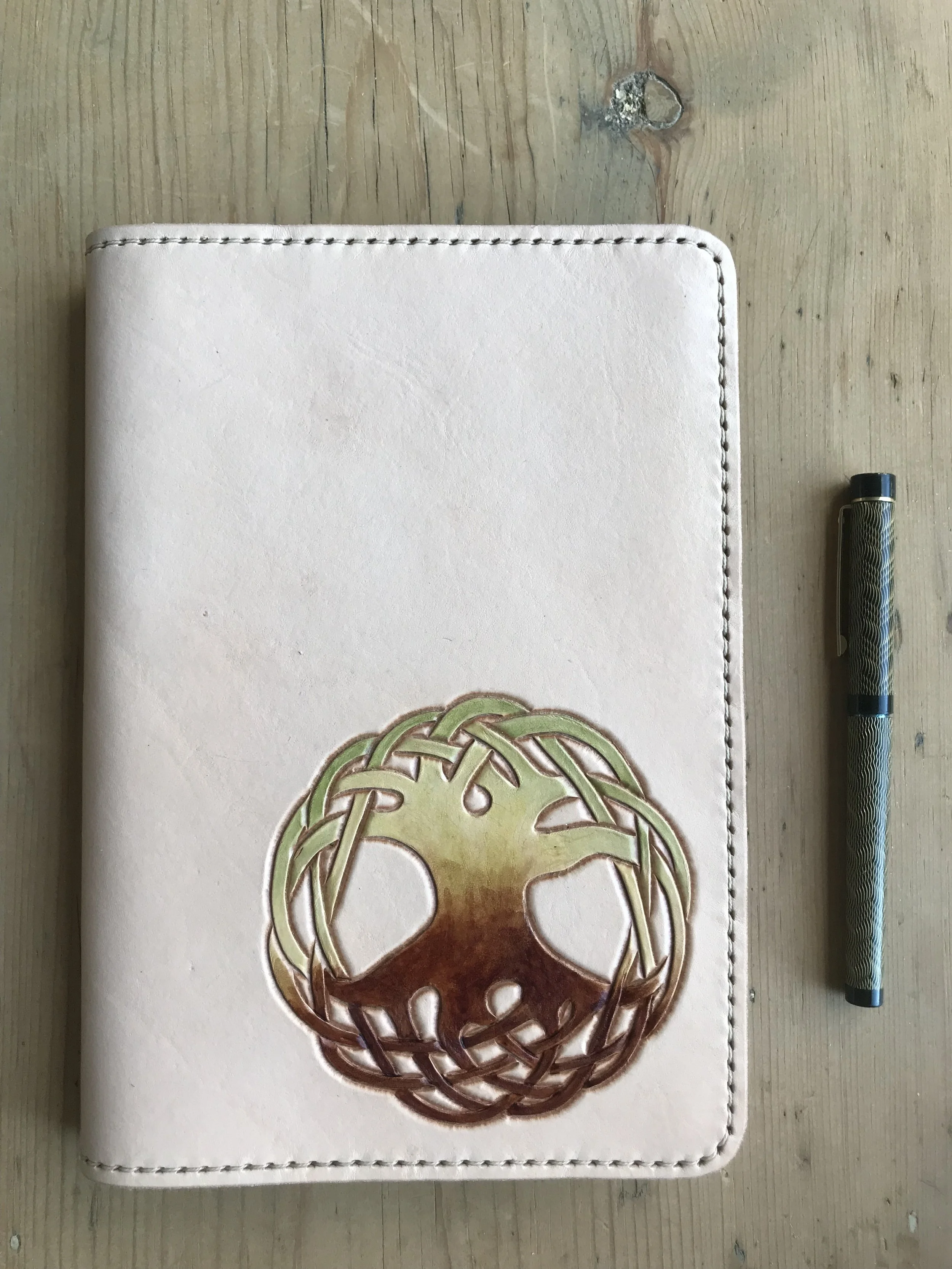 A5 Journal slipcover featuring Tree of Life in spring colours on natural leather