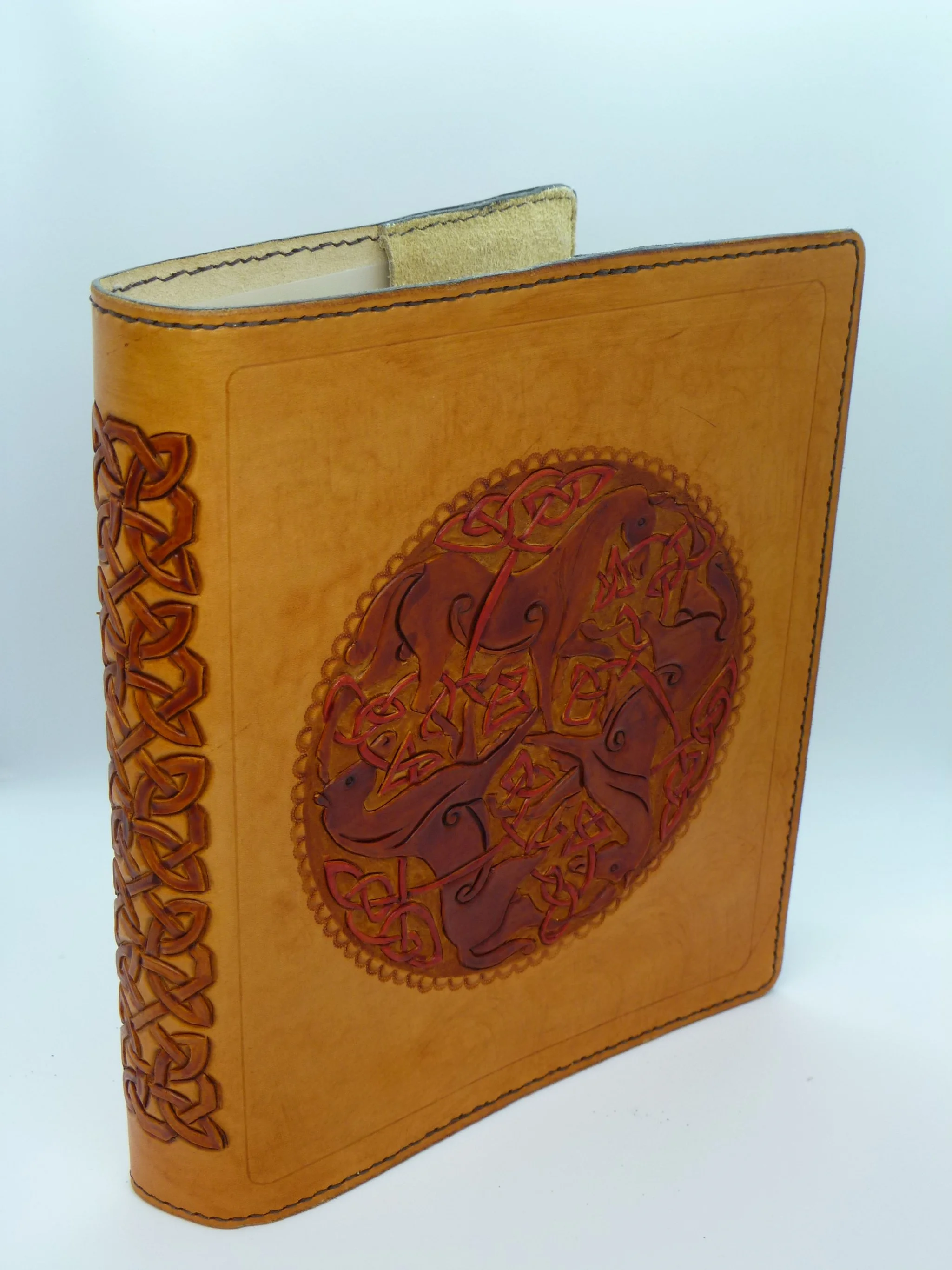 A5plus size document binder with interior pockets, suede and leather. Customisable.