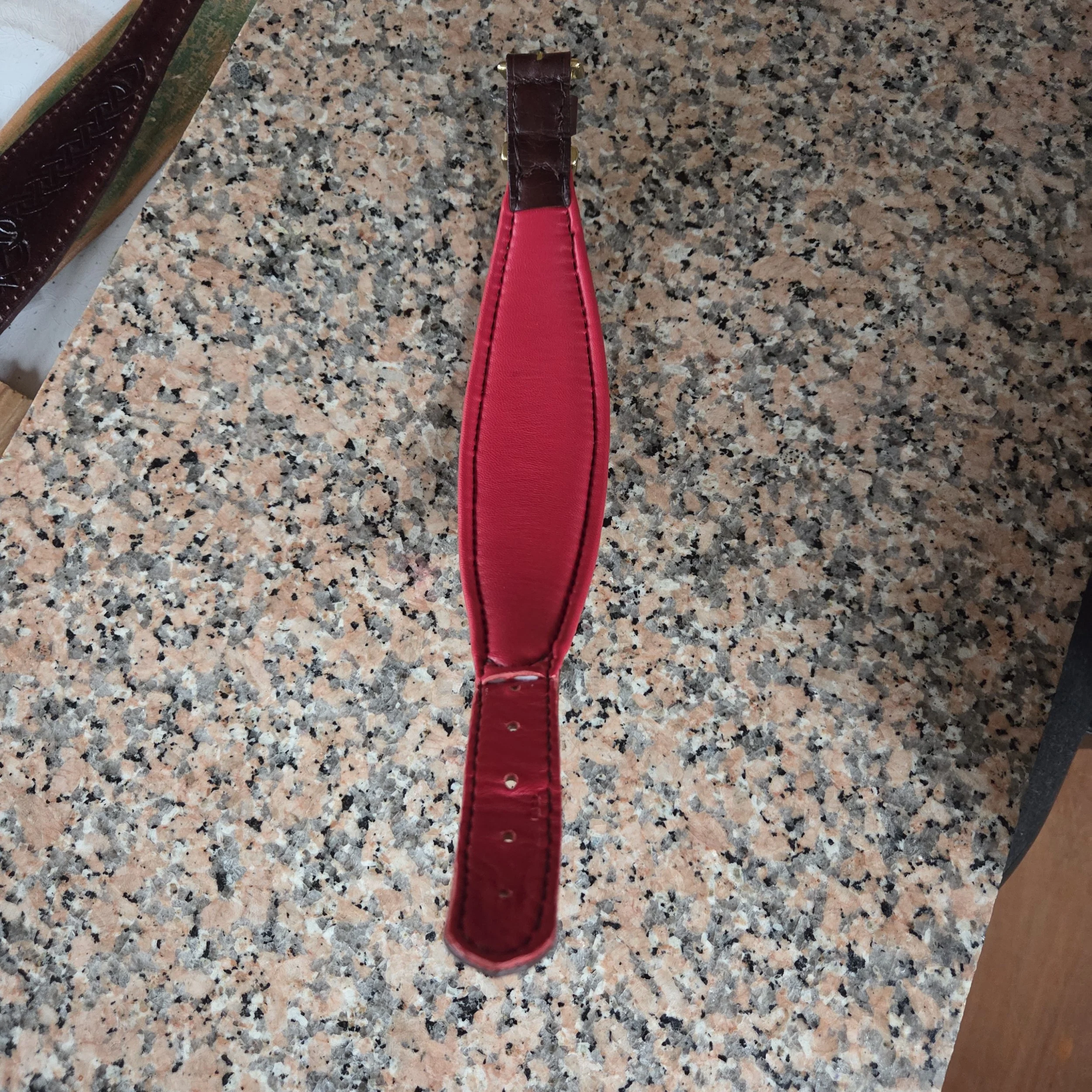 Deerhound Collar Lining.jpg Bespoke leather deerhound collar showing crimson padded lining and brass buckle and keeper.