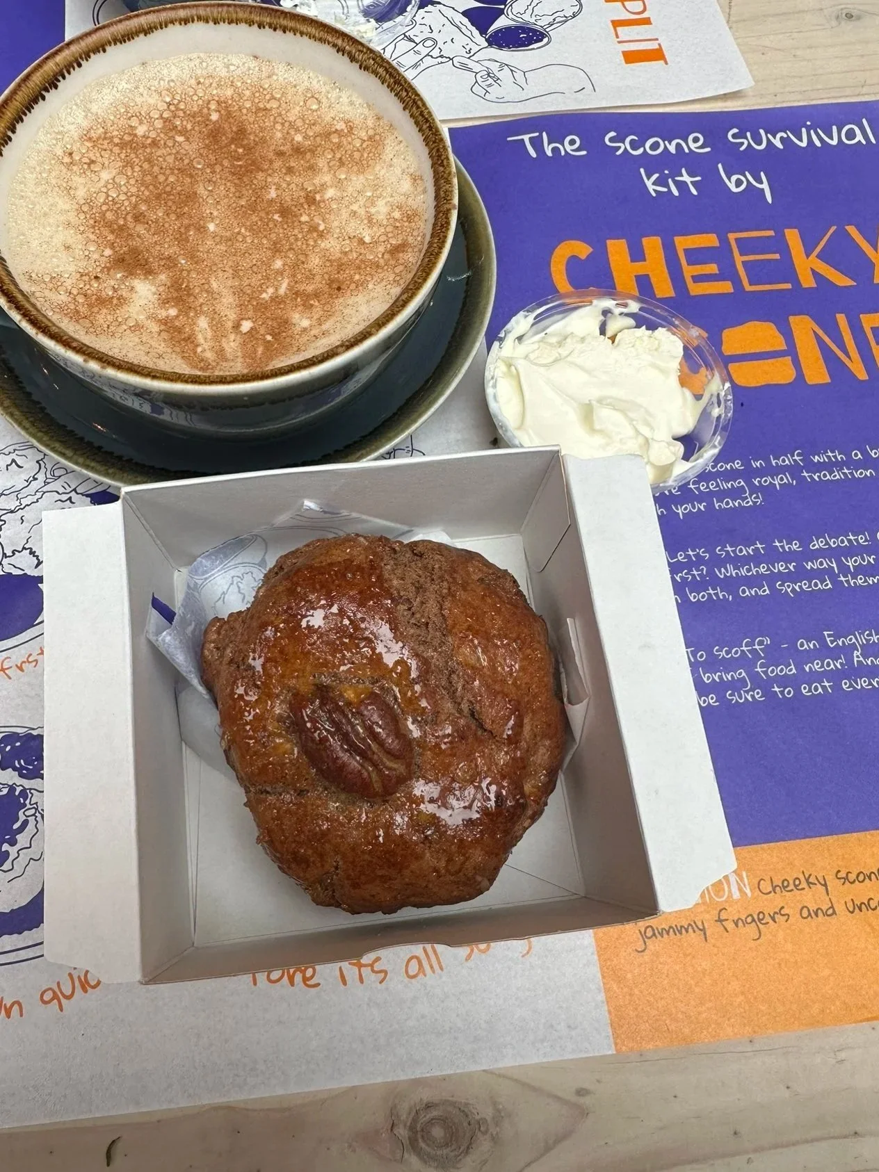 maple pecan scone with chai tea latte from Cheeky Scone, Notting Hill